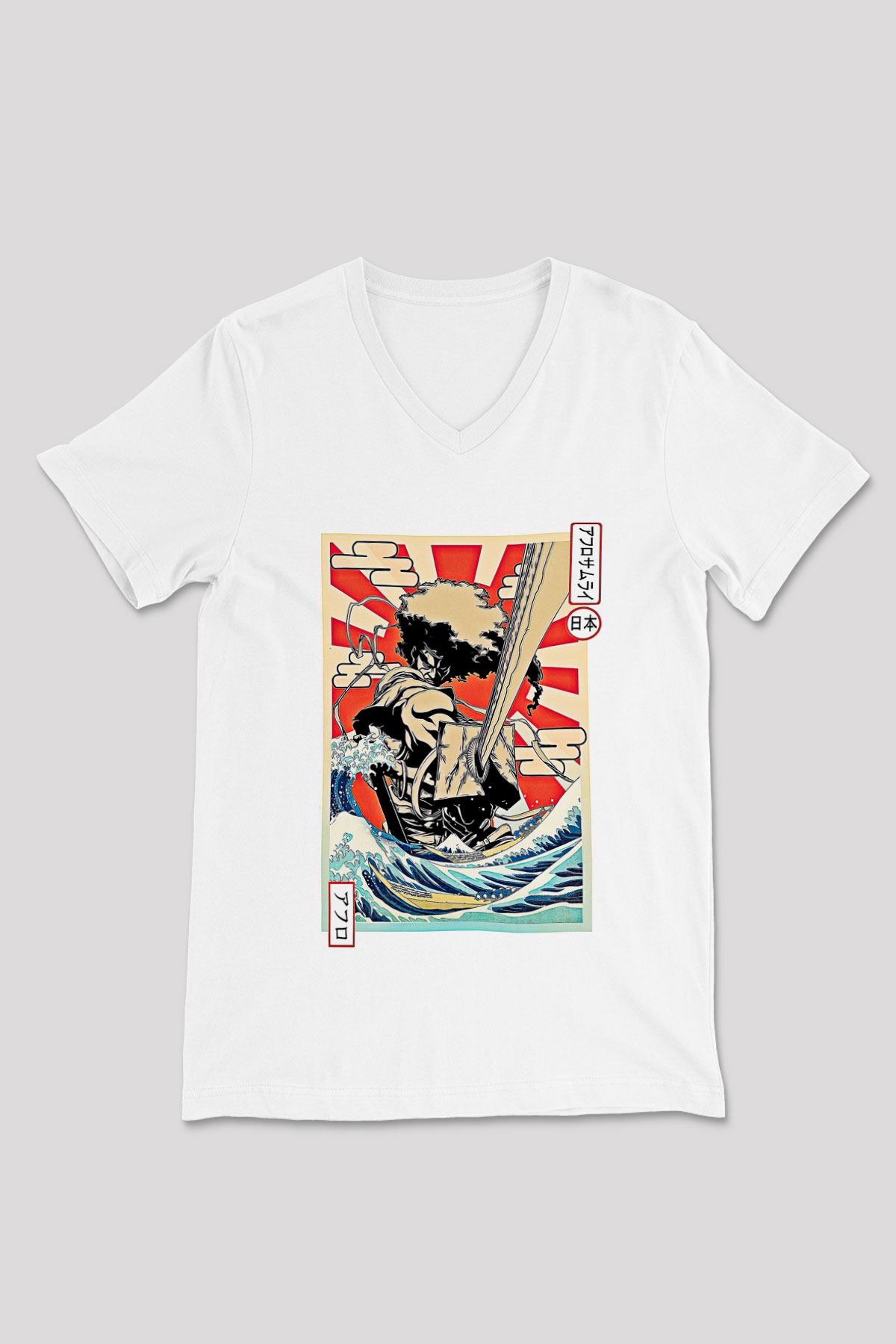 Afro Samurai Baskılı Beyaz Unisex V Yaka Tişört - Tshirt