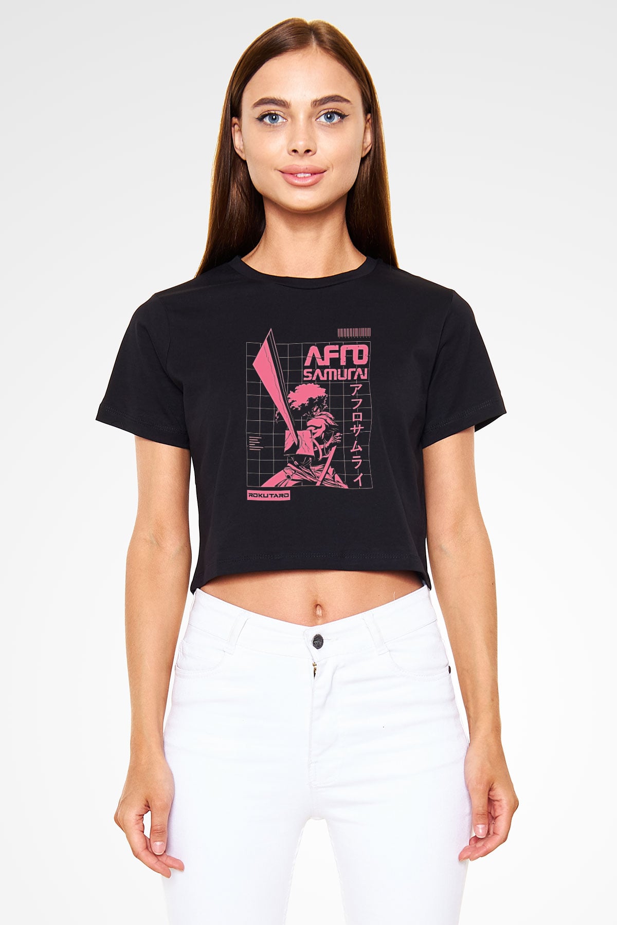 Afro Samurai Baskılı Siyah Crop Top Kadın Tişört - Tshirt