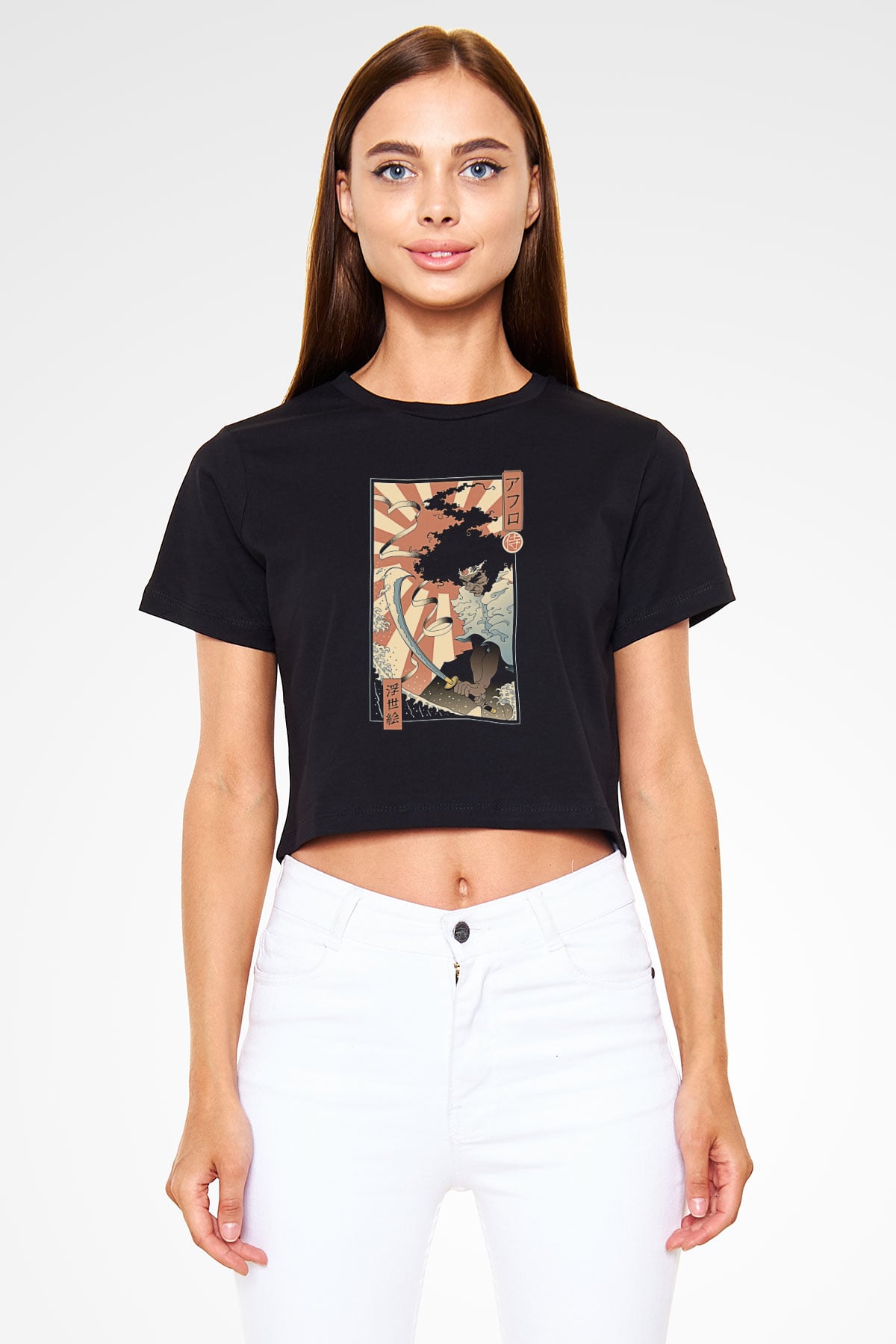 Afro Samurai Baskılı Siyah Crop Top Kadın Tişört - Tshirt