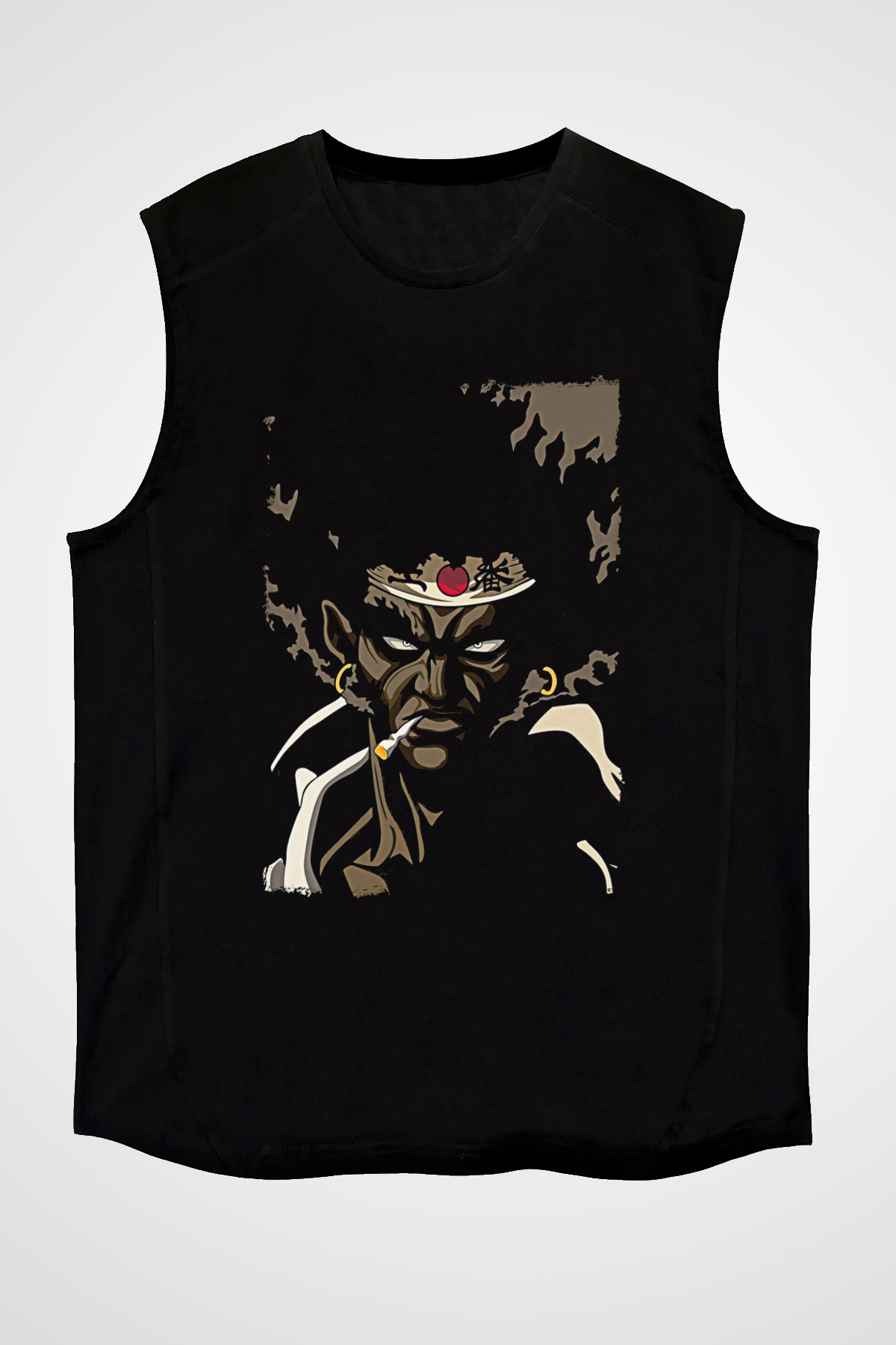 Afro Samurai Baskılı Unisex Siyah Kolsuz Tişört - Tshirt