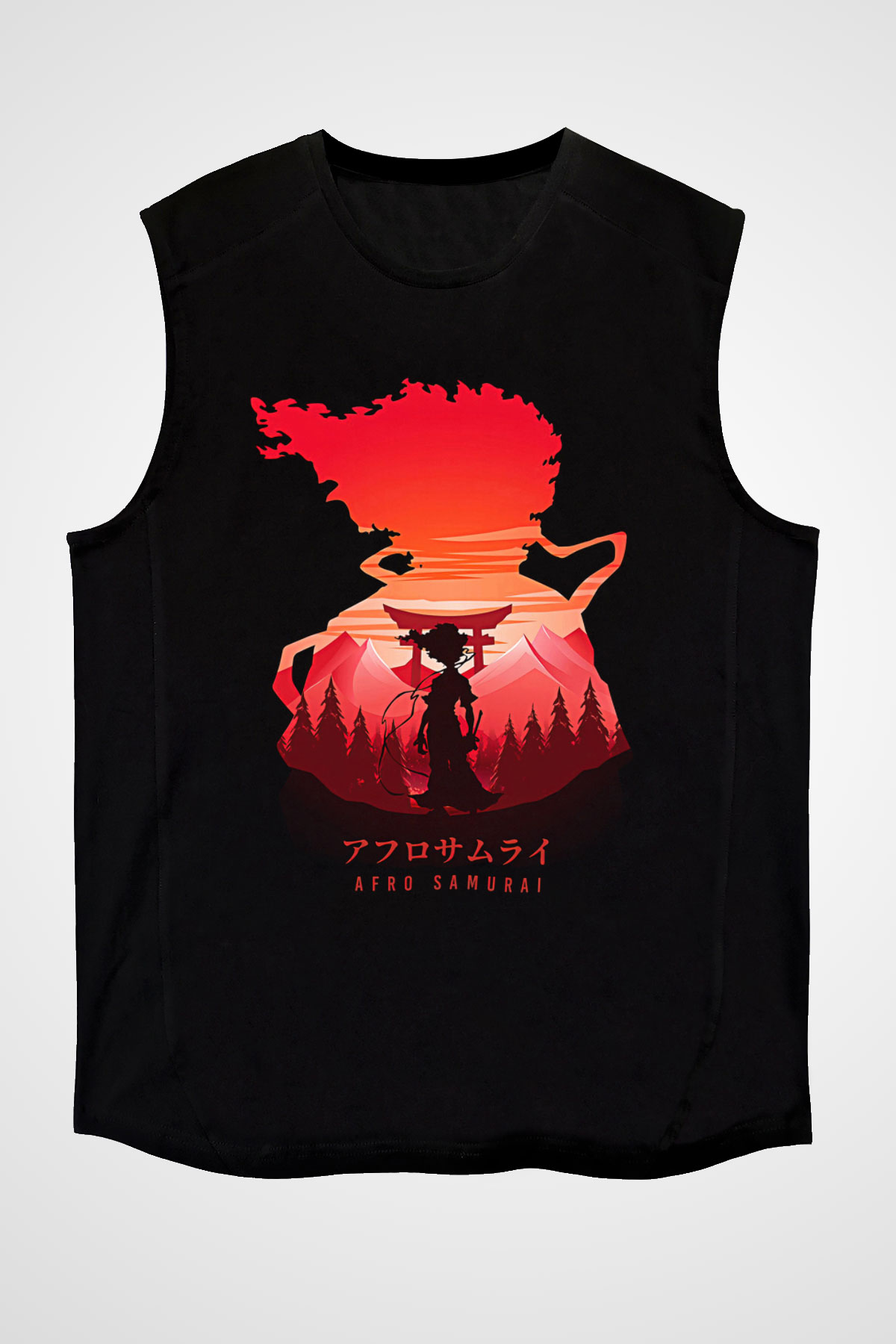 Afro Samurai Baskılı Unisex Siyah Kolsuz Tişört - Tshirt
