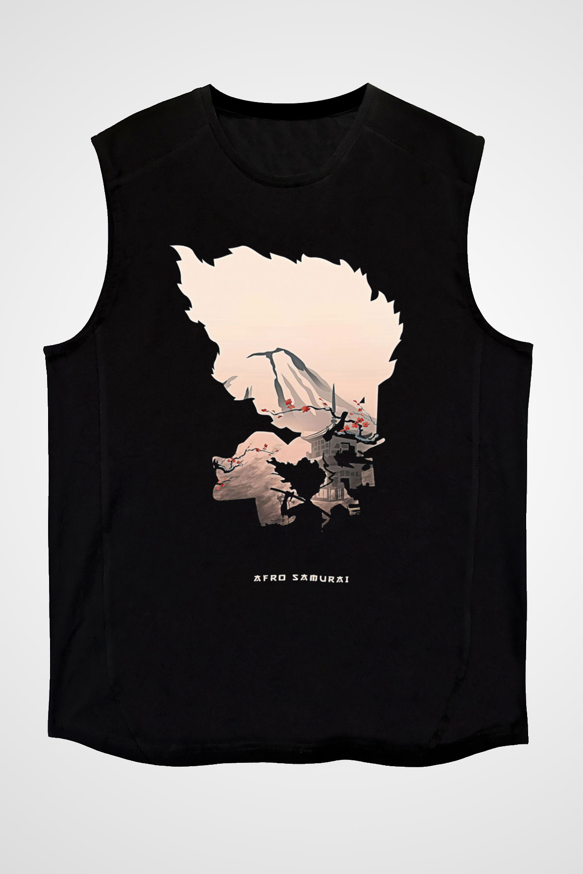 Afro Samurai Baskılı Unisex Siyah Kolsuz Tişört - Tshirt