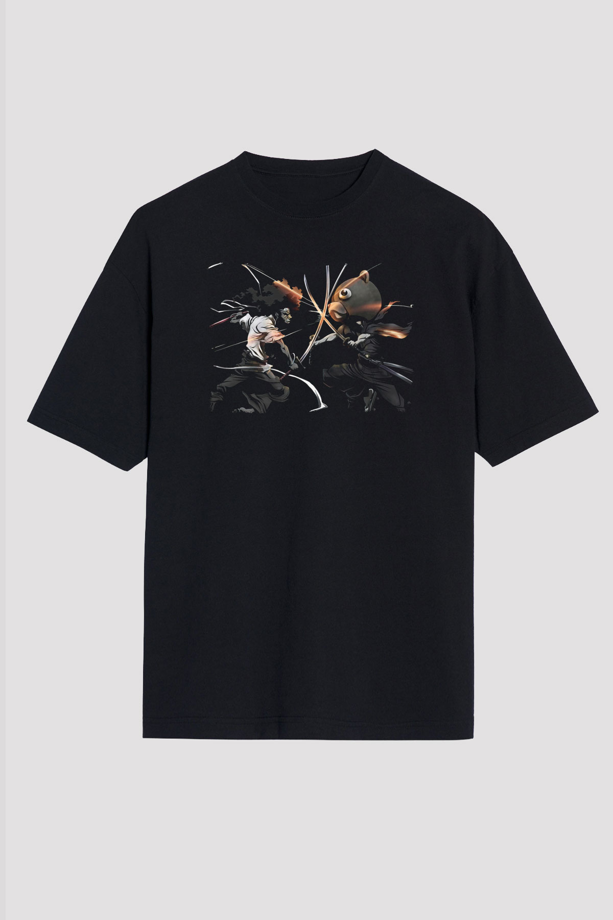 Afro Samurai Baskılı Unisex Siyah Oversize Tişört - Tshirt