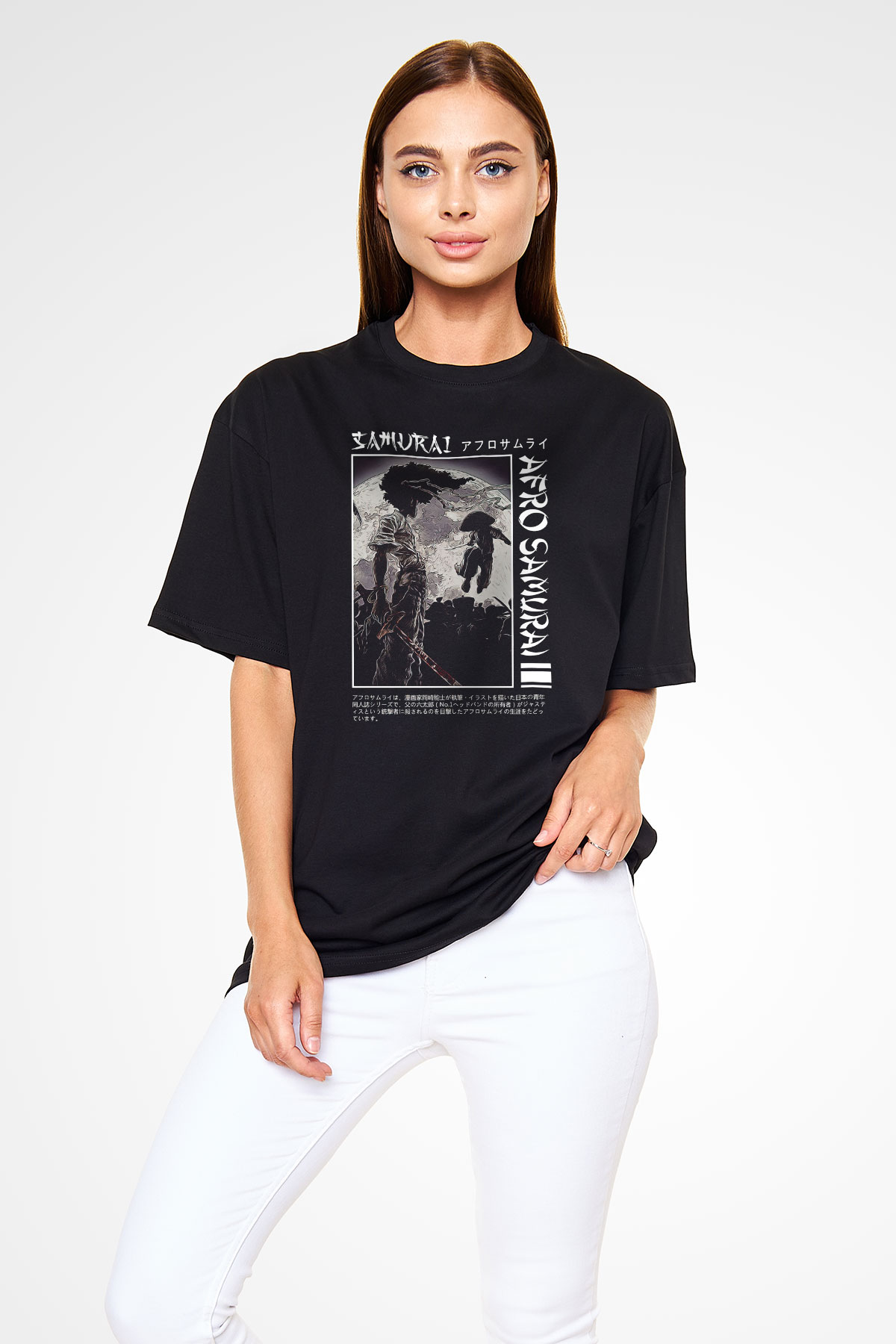 Afro Samurai Baskılı Unisex Siyah Oversize Tişört - Tshirt
