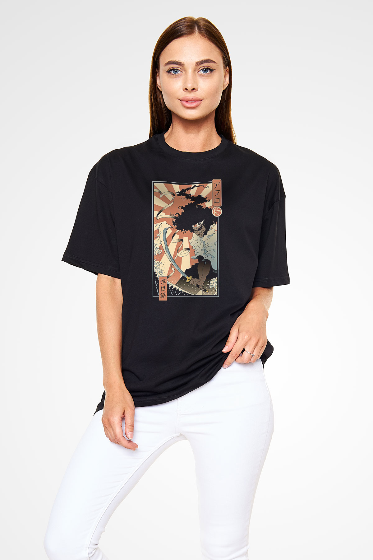 Afro Samurai Baskılı Unisex Siyah Oversize Tişört - Tshirt