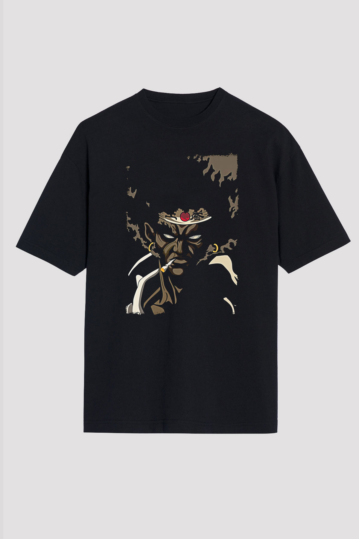 Afro Samurai Baskılı Unisex Siyah Oversize Tişört - Tshirt