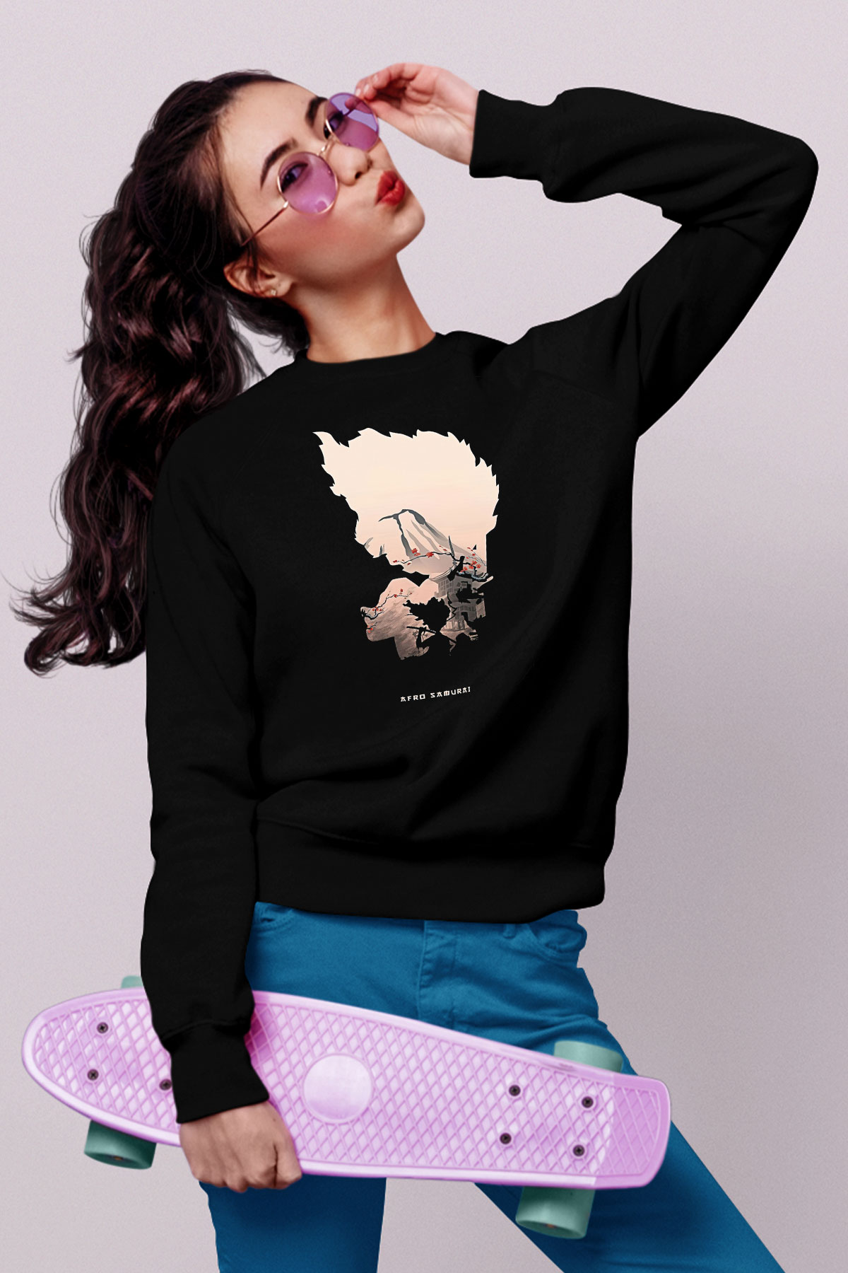 Afro Samurai Baskılı Unisex Siyah Sweatshirt