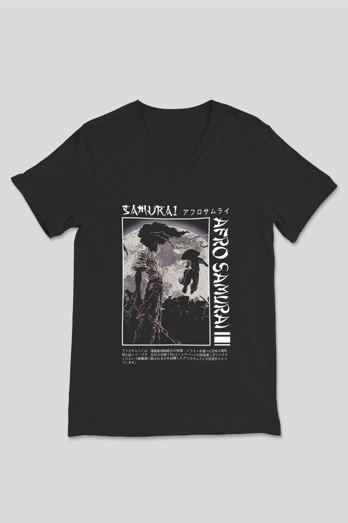 Afro Samurai Baskılı Unisex Siyah V Yaka Tişört - Tshirt