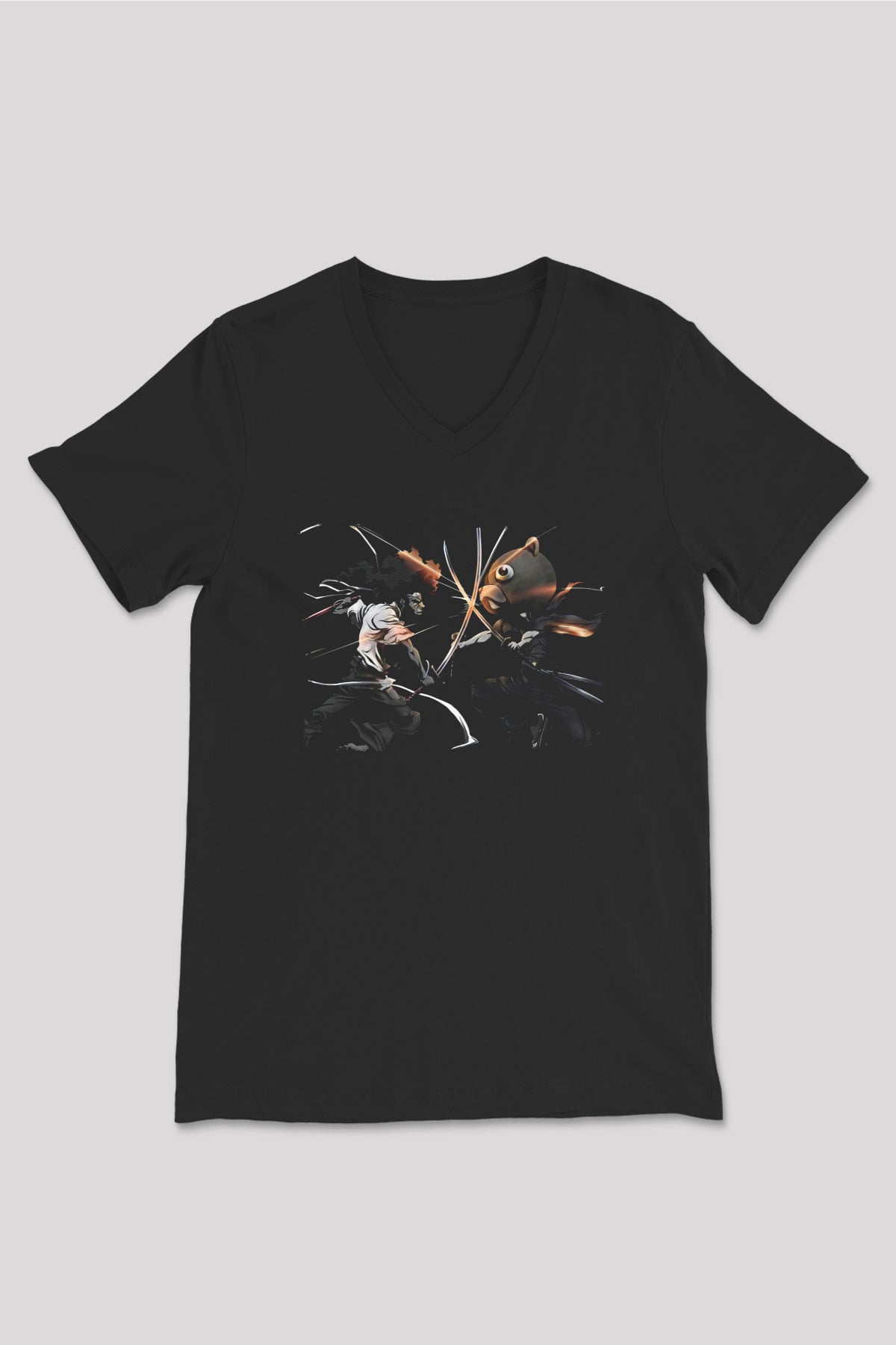 Afro Samurai Baskılı Unisex Siyah V Yaka Tişört - Tshirt