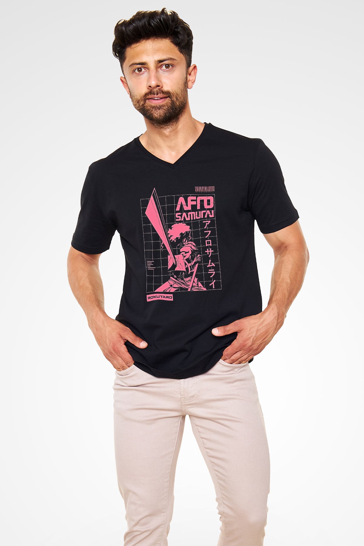 Afro Samurai Baskılı Unisex Siyah V Yaka Tişört - Tshirt