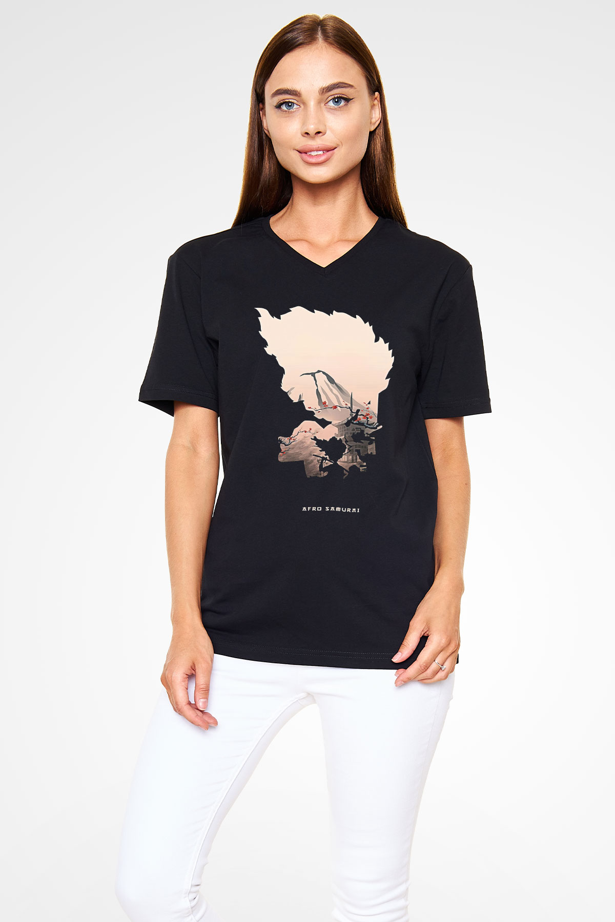 Afro Samurai Baskılı Unisex Siyah V Yaka Tişört - Tshirt