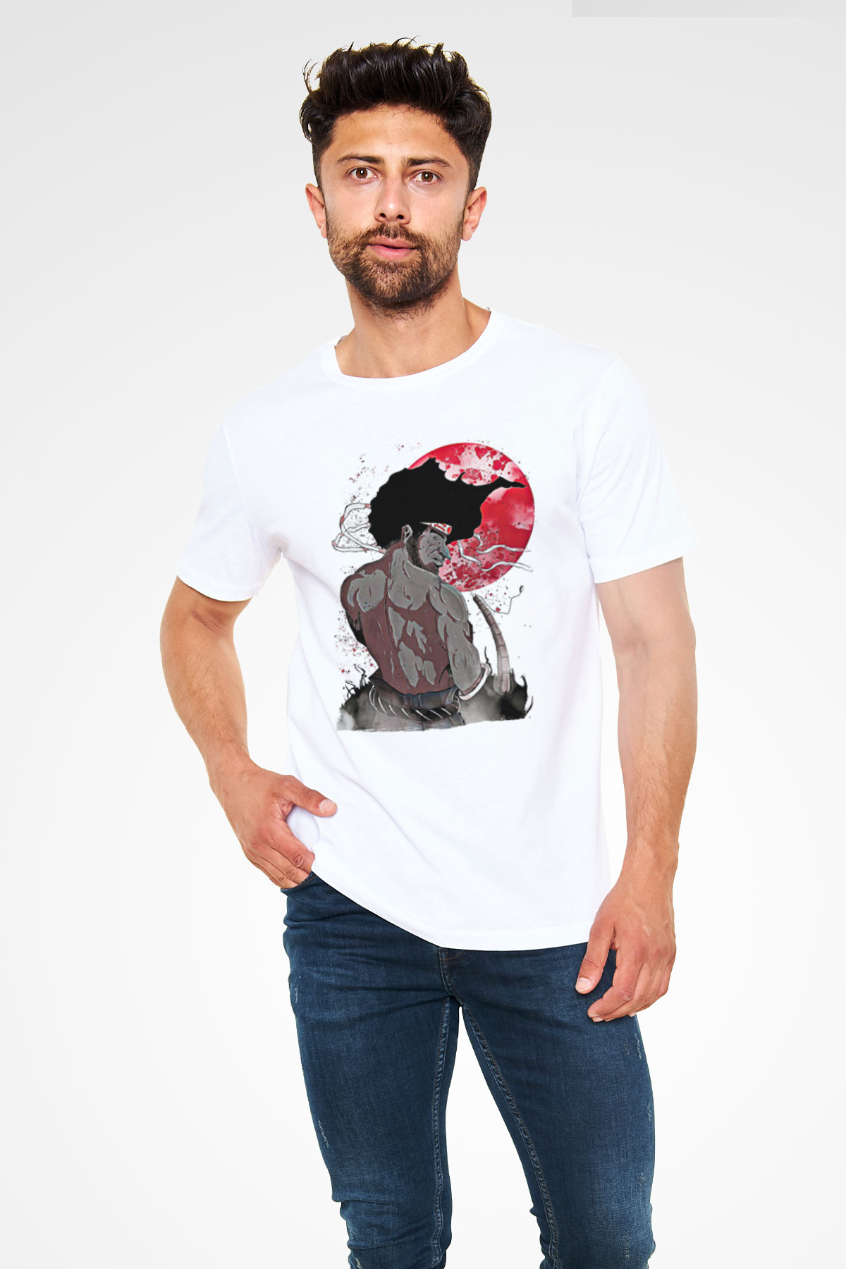 Afro Samurai Unisex Baskılı Beyaz Tişört - Tshirt