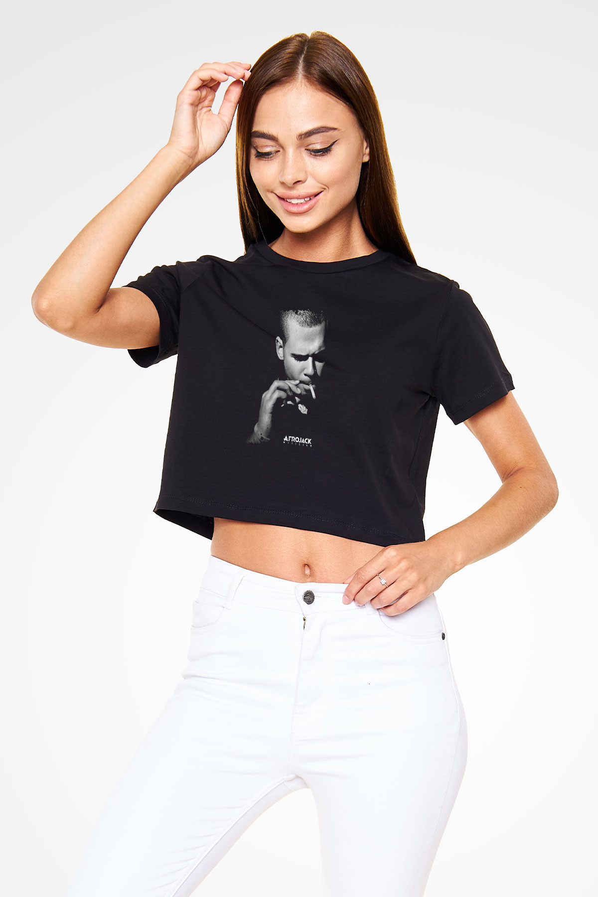 Afrojack Baskılı Crop Top Siyah Kadın Tişört