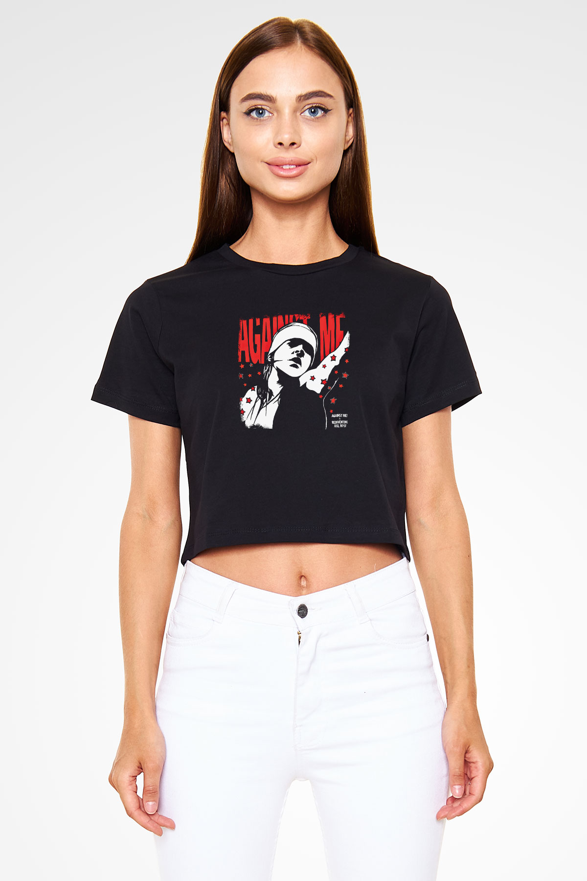 Against Me Baskılı Unisex Siyah Crop Top Tişört