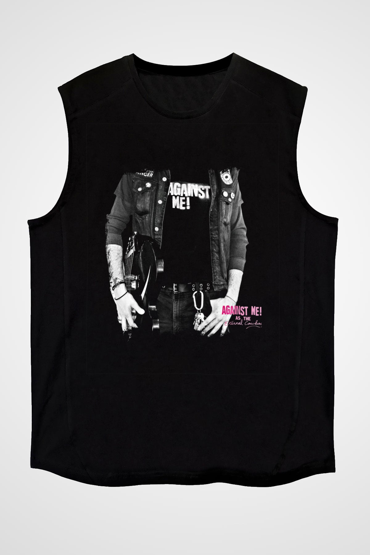 Against Me Baskılı Unisex Siyah Kolsuz Tişört