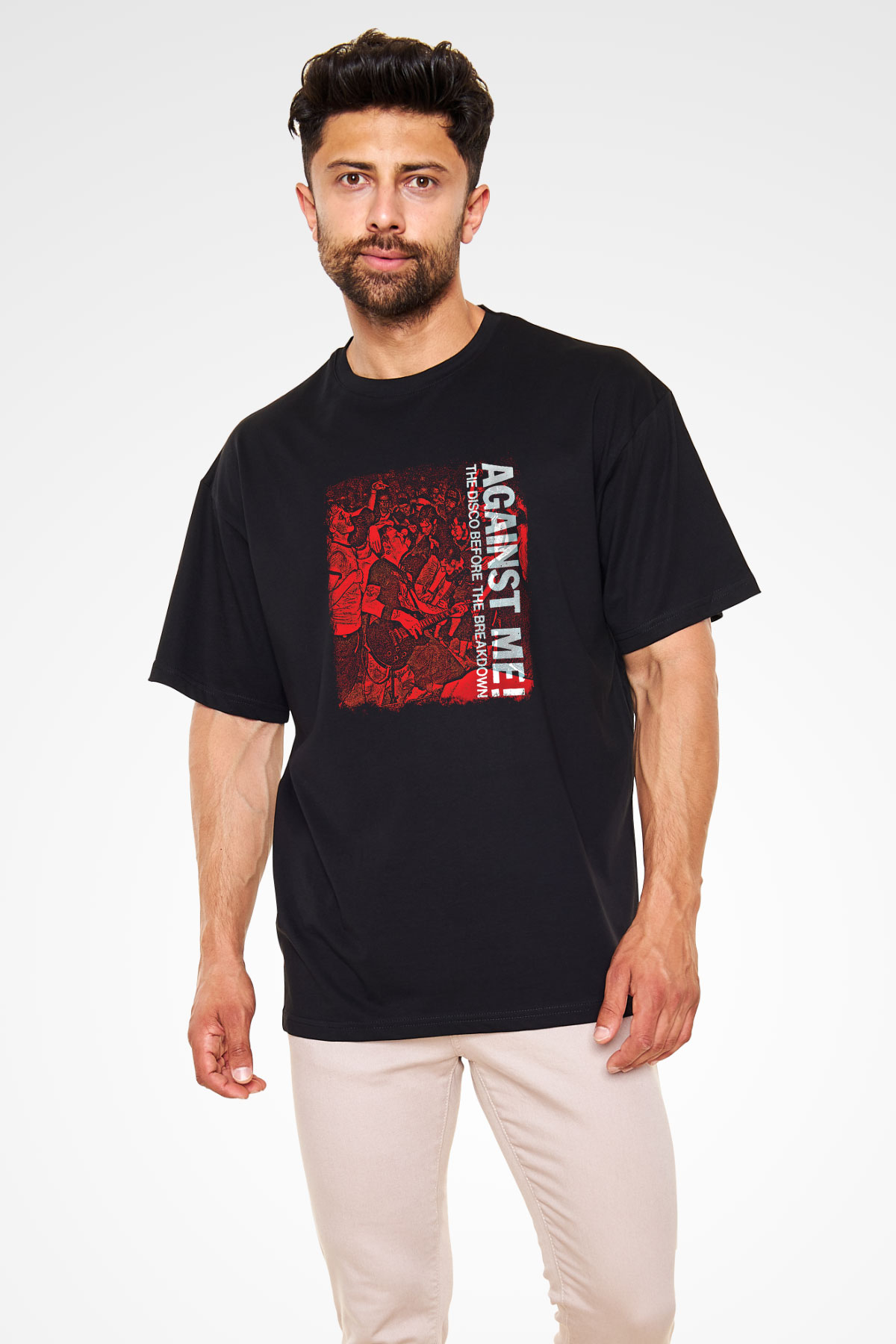 Against Me Baskılı Unisex Siyah Oversize Tişört