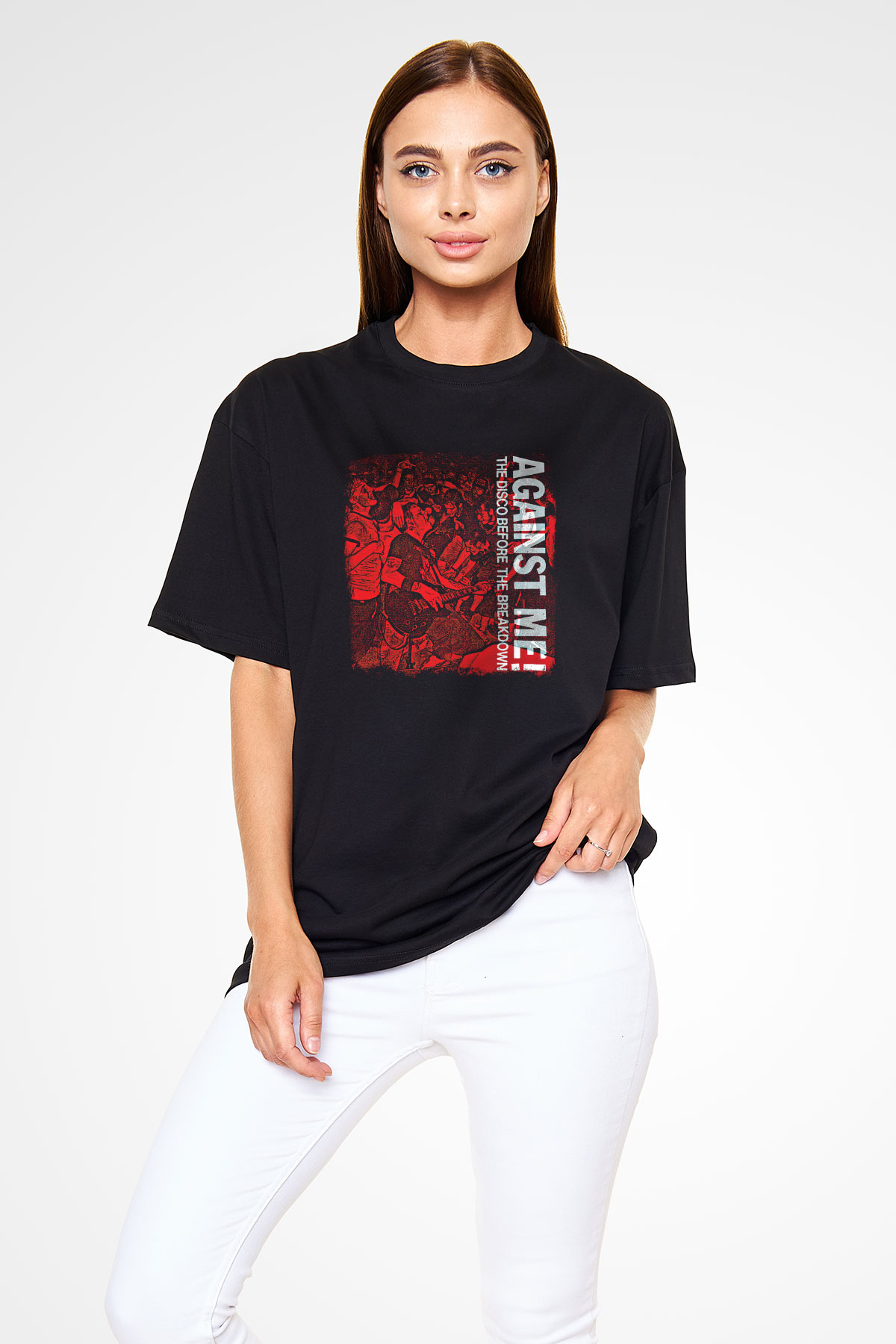 Against Me Baskılı Unisex Siyah Oversize Tişört