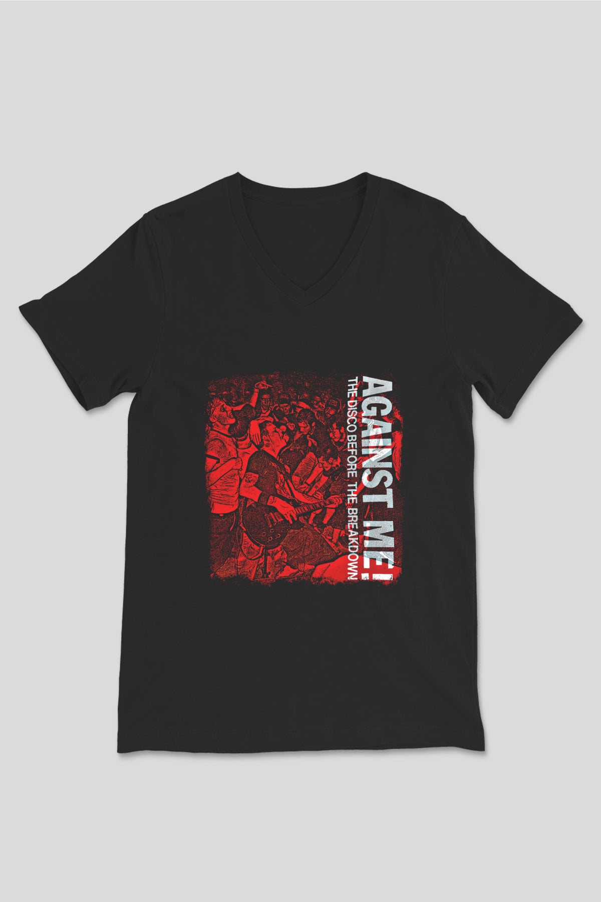 Against Me Baskılı Unisex Siyah V Yaka Tişört