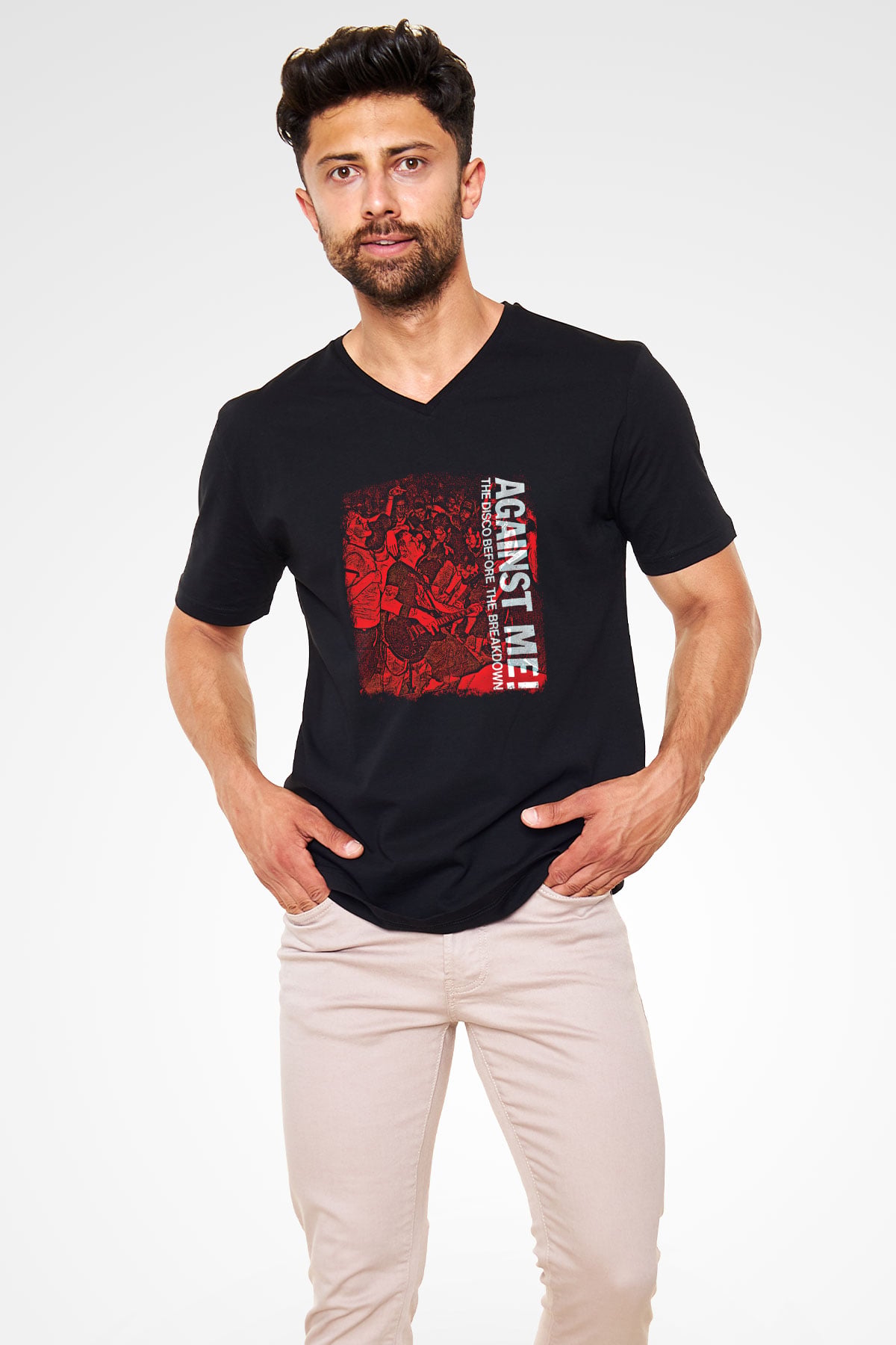 Against Me Baskılı Unisex Siyah V Yaka Tişört