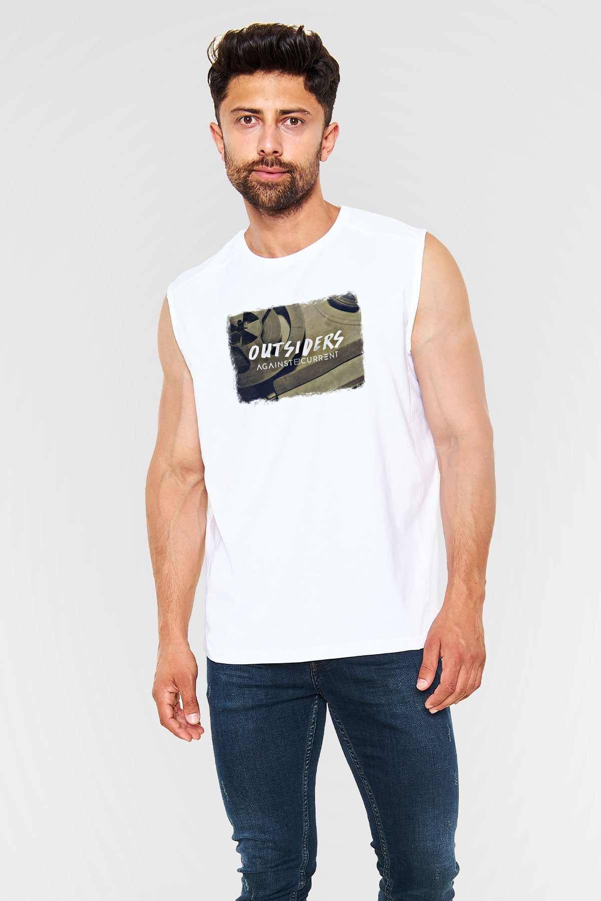 Against The Current Baskılı Unisex Beyaz Kolsuz Tişört