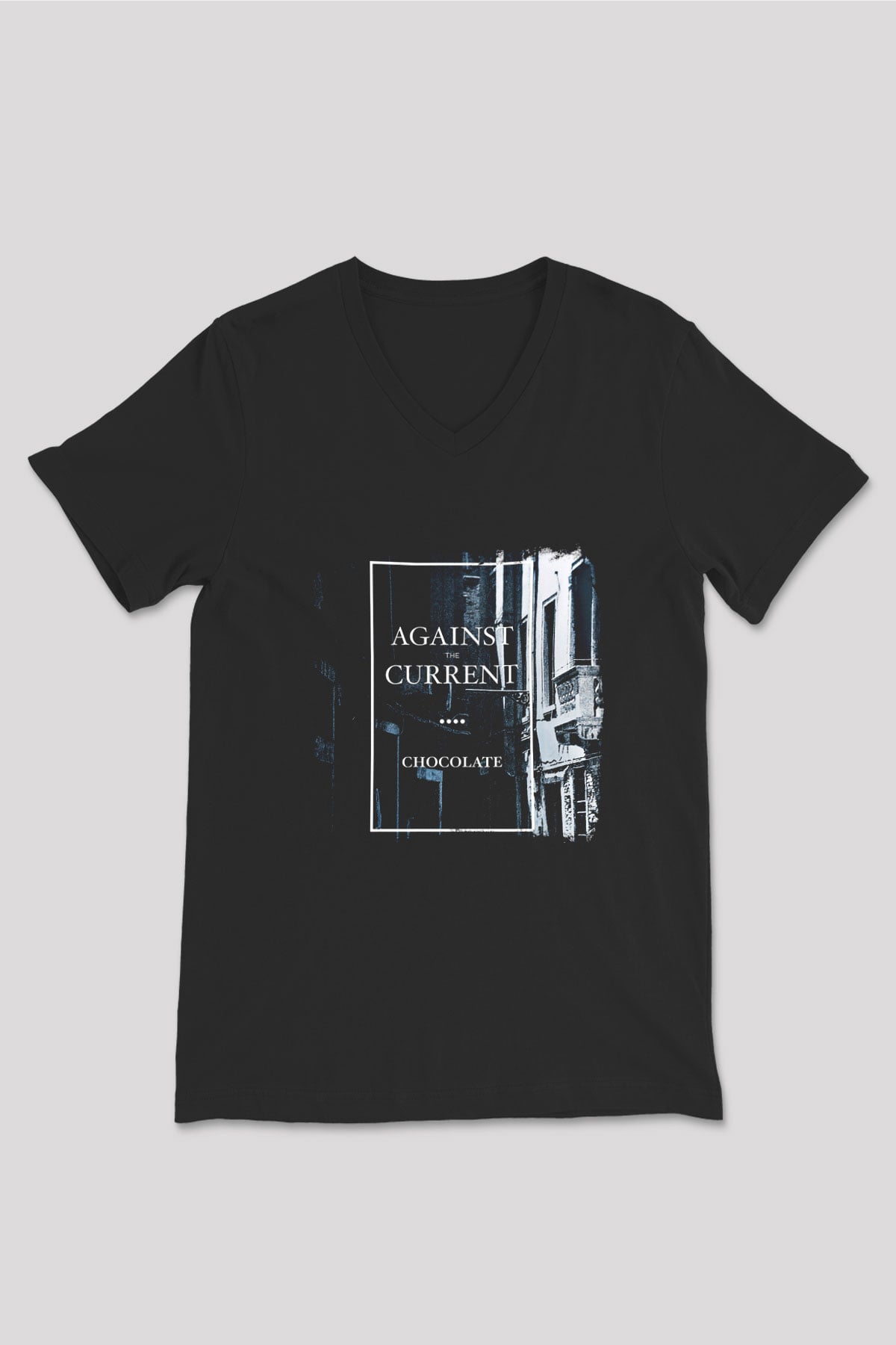 Against The Current Baskılı Unisex Siyah V Yaka Tişört