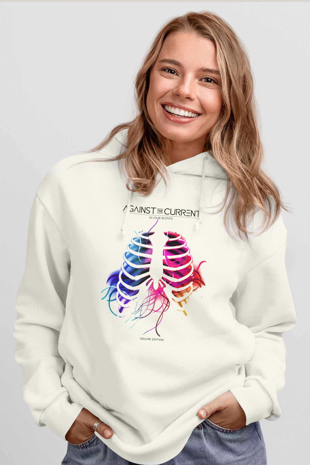 Against The Current Beyaz Unisex Kapşonlu Sweatshirt