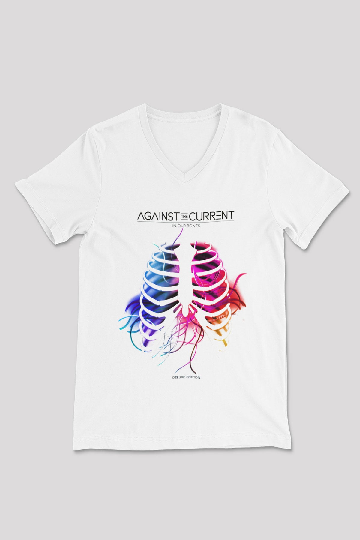 Against The Current Beyaz Unisex V Yaka Tişört T-Shirt