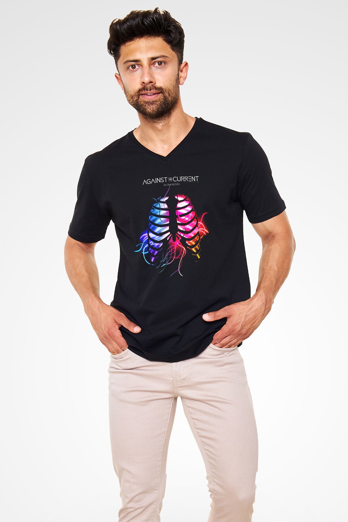 Against The Current Siyah Unisex V Yaka Tişört T-Shirt