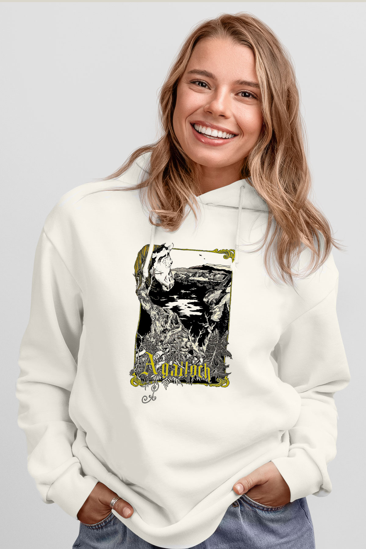 Agalloch Baskılı Beyaz Unisex Kapüşonlu Sweatshirt
