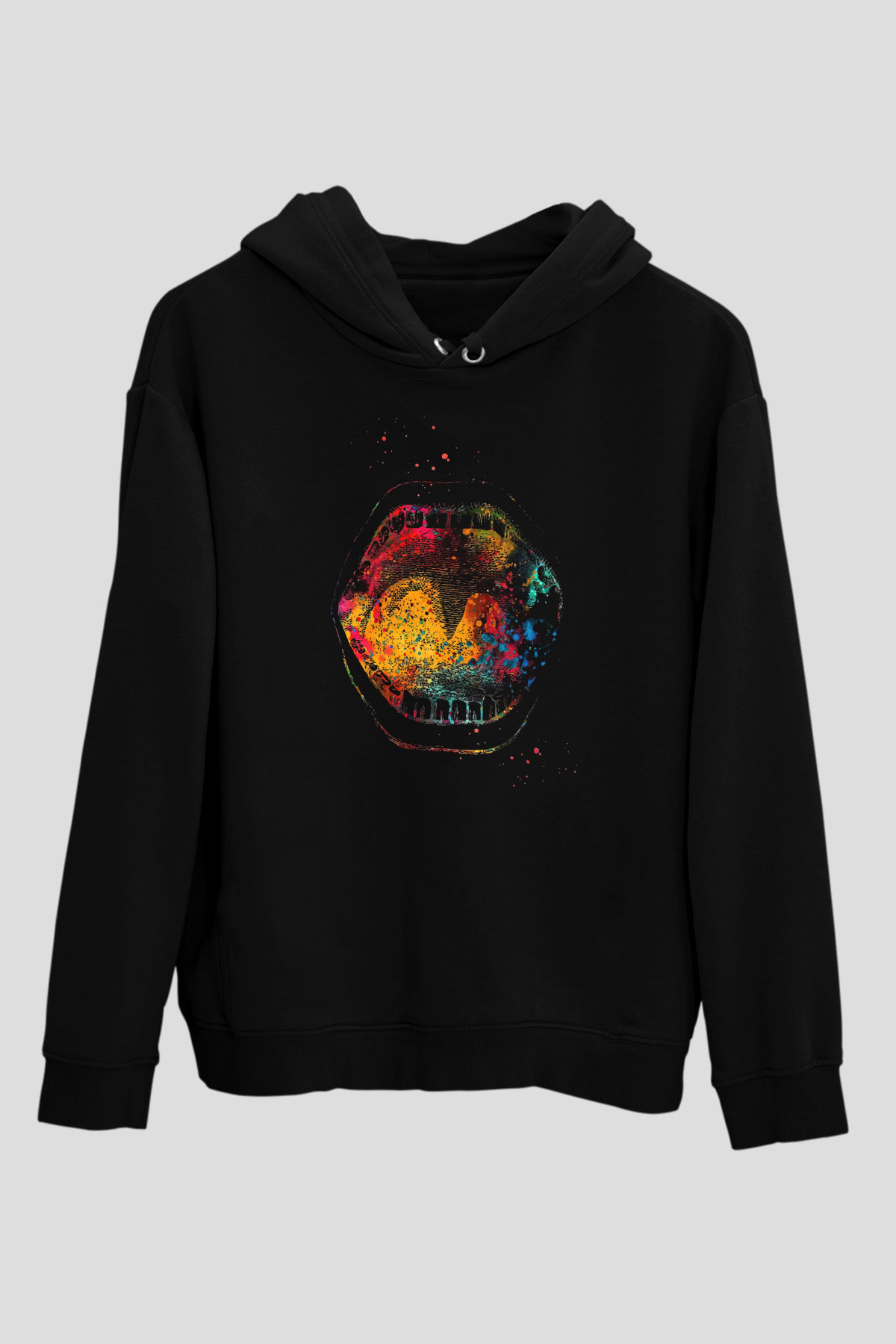Ağız Renkli Baskılı Unisex Siyah Hoodie