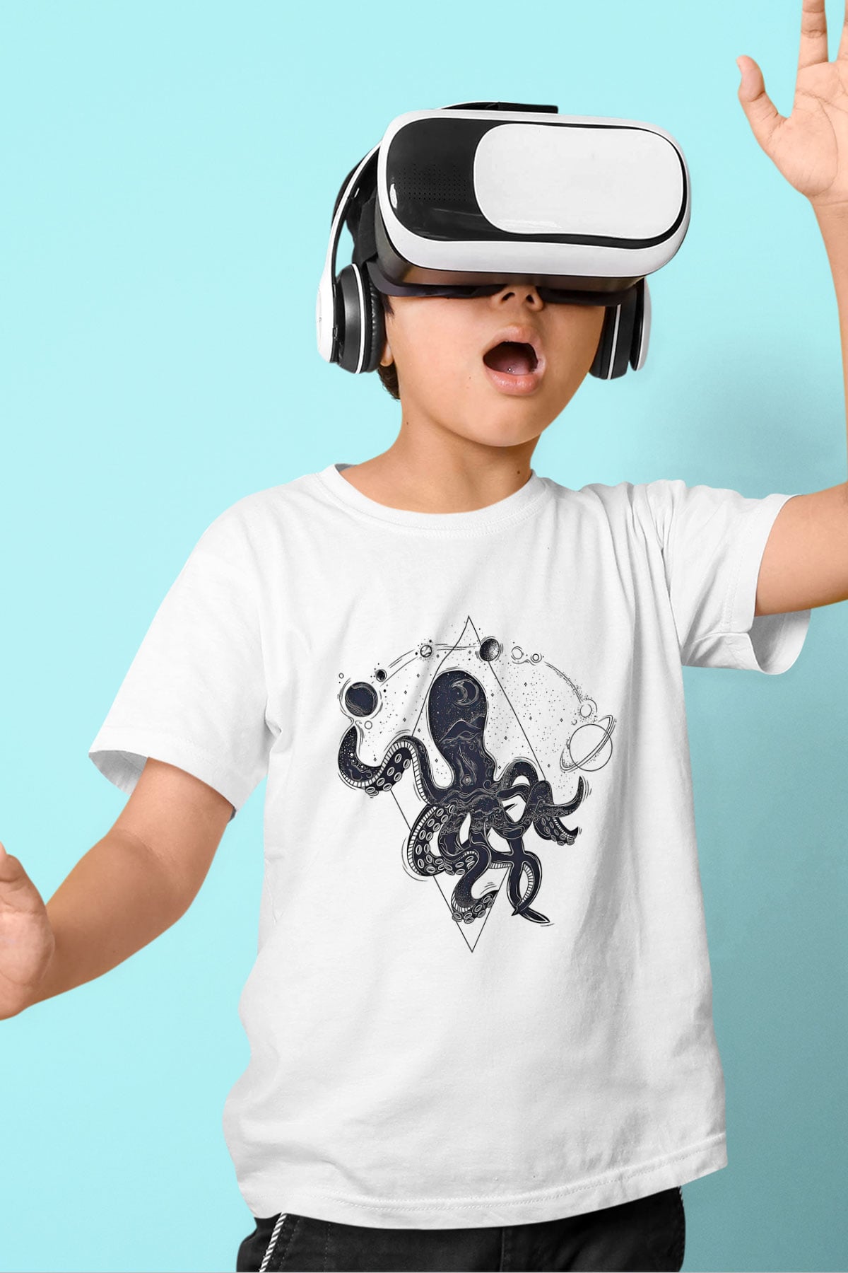 Ahtapot Baskılı Beyaz Unisex Beyaz Çocuk Tişört - Tshirt