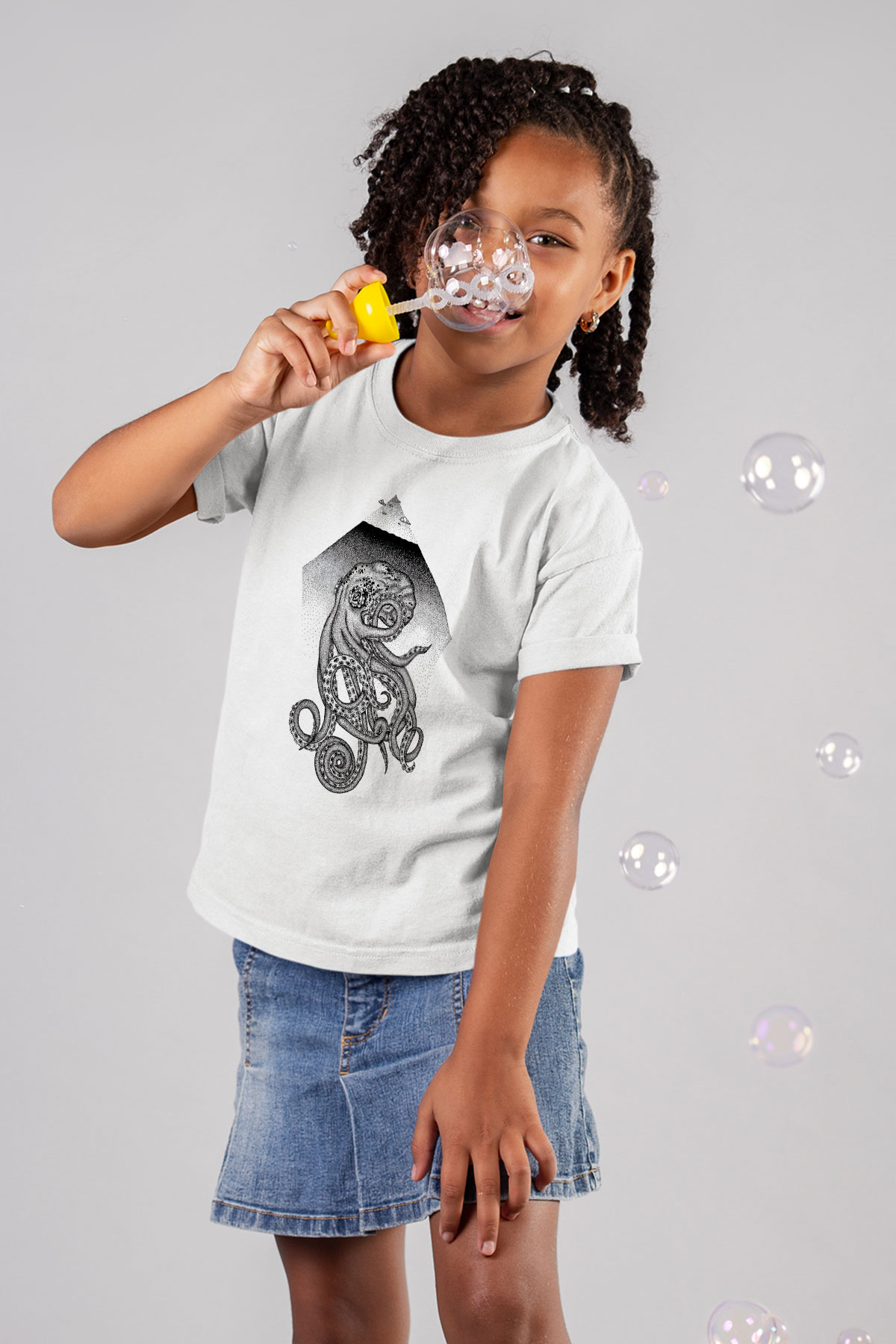Ahtapot Baskılı Beyaz Unisex Beyaz Çocuk Tişört - Tshirt