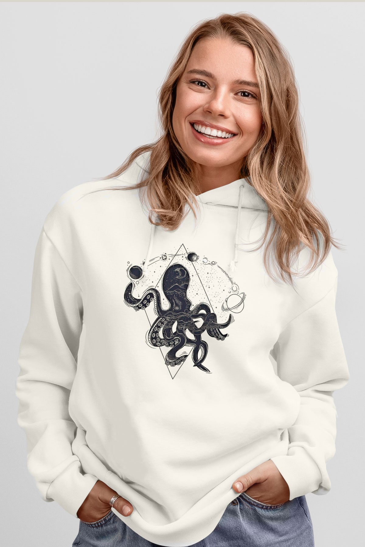 Ahtapot Baskılı Beyaz Unisex Hoodie