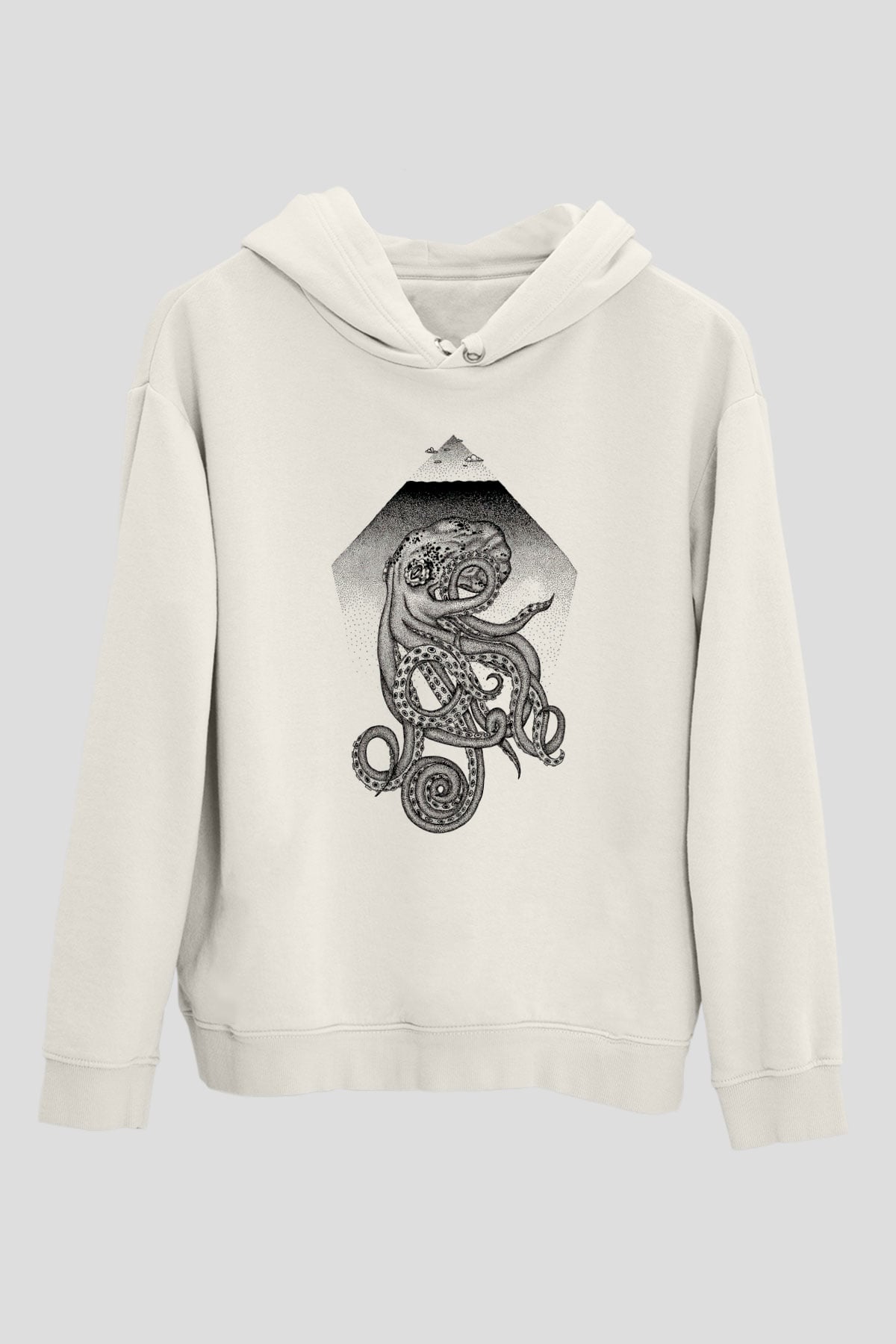 Ahtapot Baskılı Beyaz Unisex Hoodie