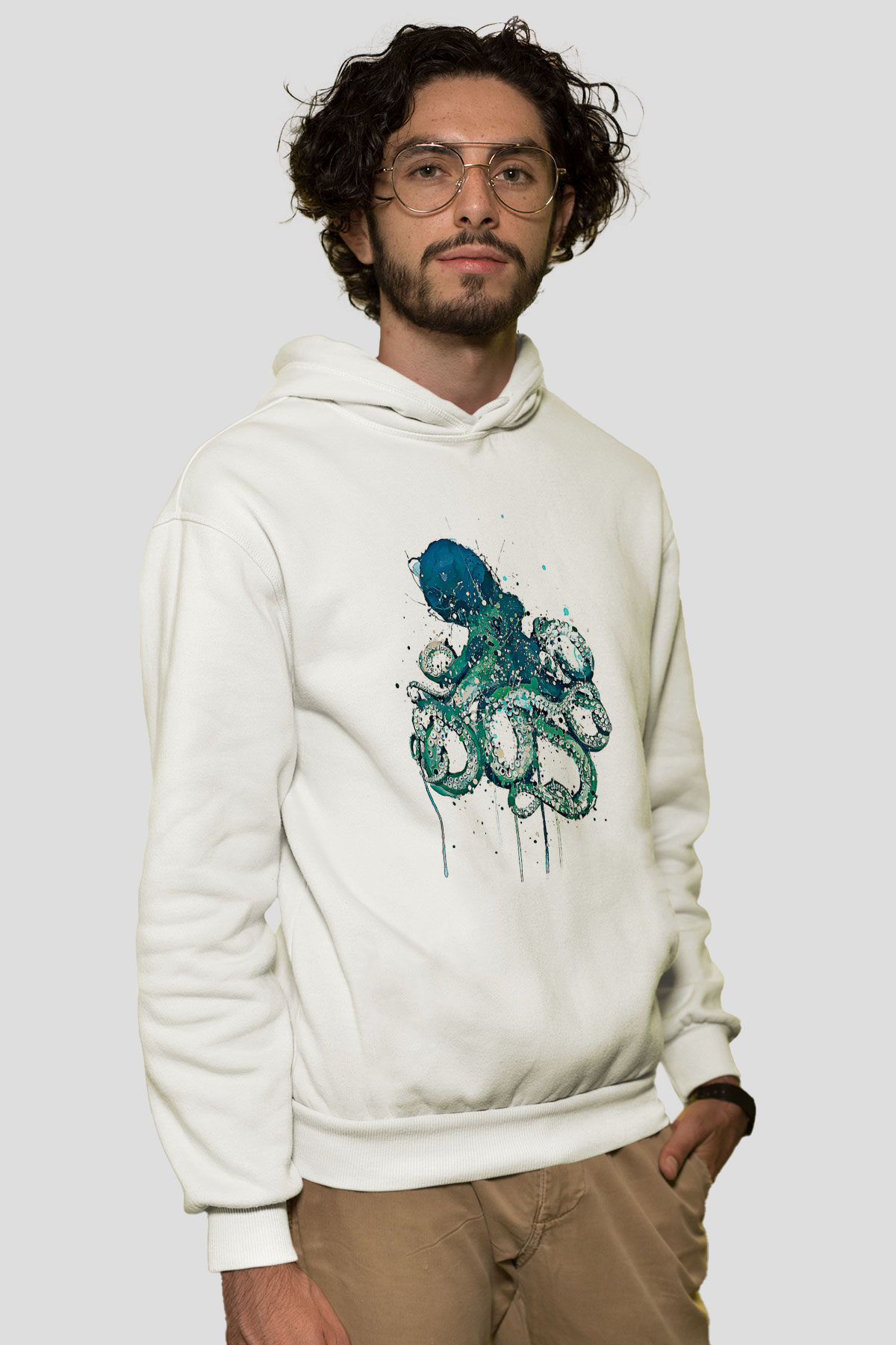 Ahtapot Baskılı Beyaz Unisex Hoodie