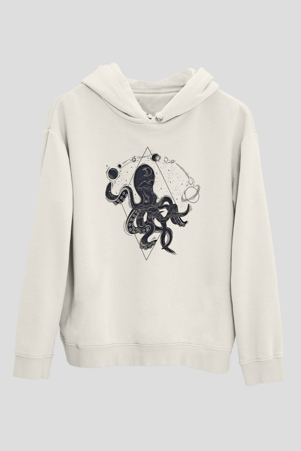 Ahtapot Baskılı Beyaz Unisex Hoodie