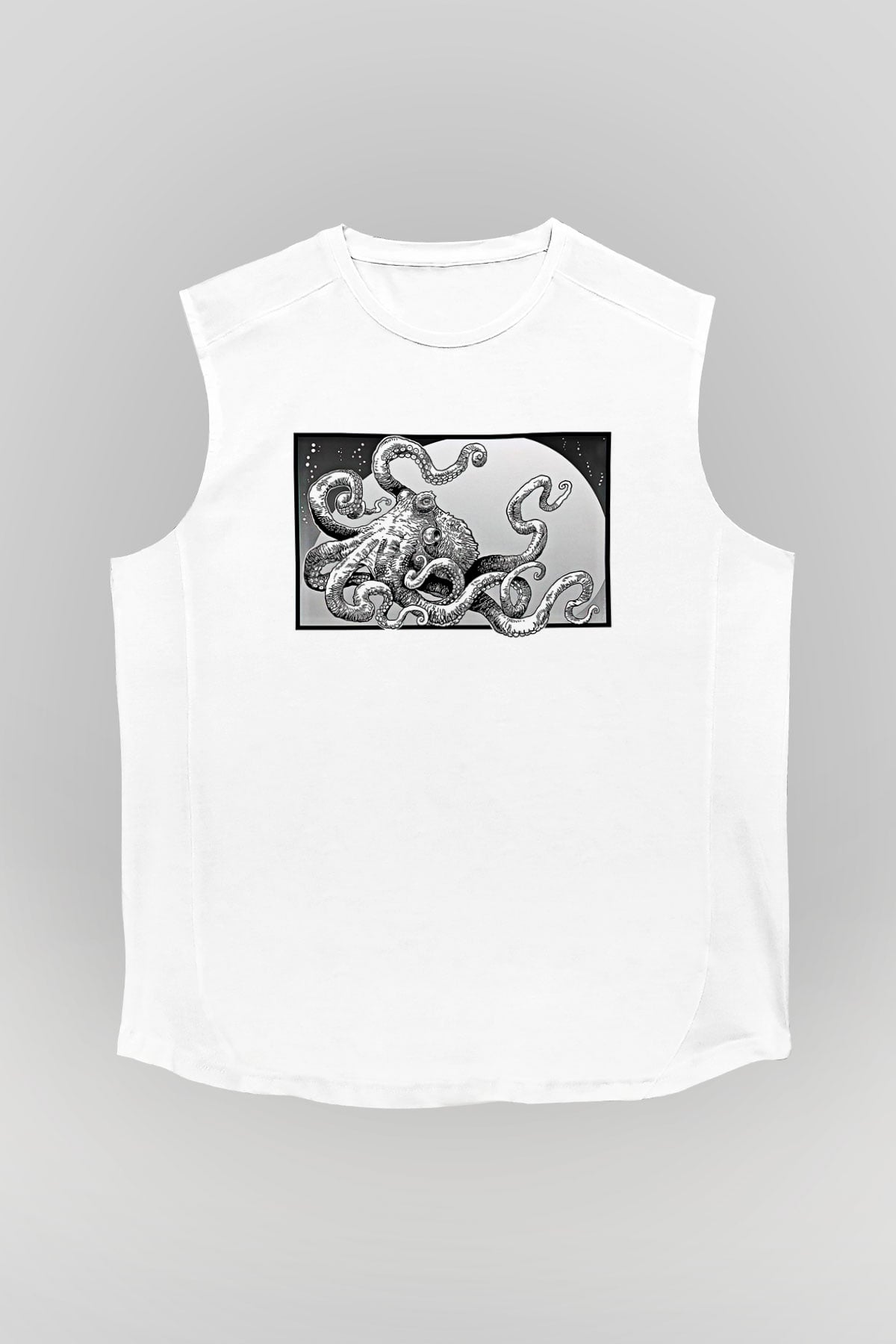 Ahtapot Baskılı Beyaz Unisex Kolsuz Tişört - Tshirt