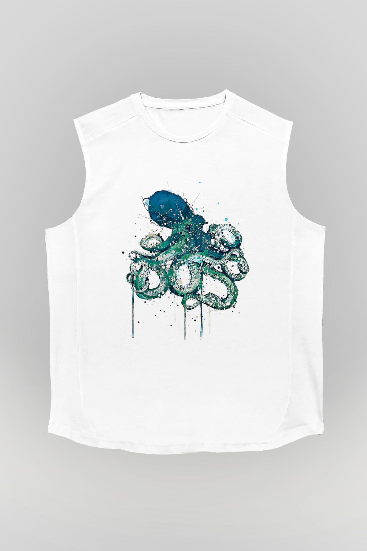 Ahtapot Baskılı Beyaz Unisex Kolsuz Tişört - Tshirt