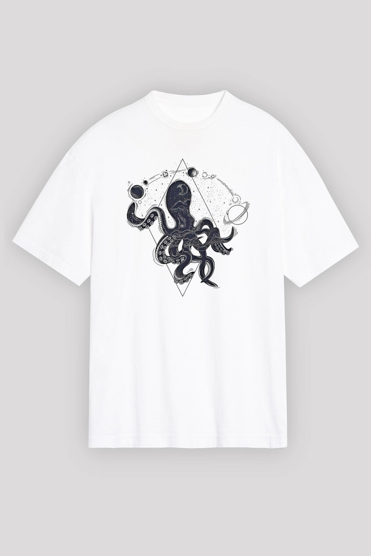 Ahtapot Baskılı Beyaz Unisex Oversize Tişört - Tshirt