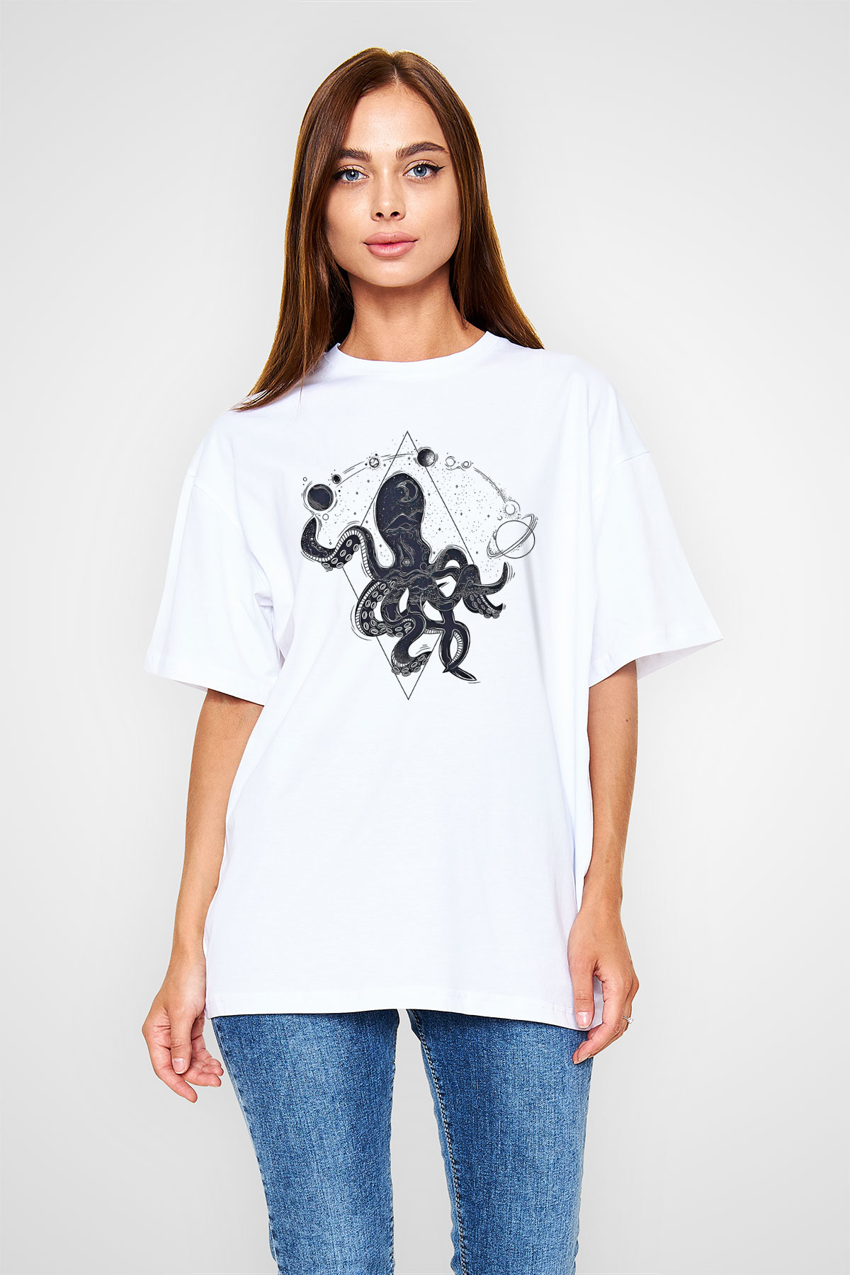 Ahtapot Baskılı Beyaz Unisex Oversize Tişört - Tshirt
