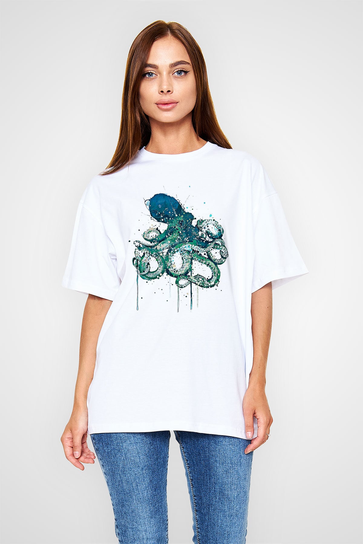 Ahtapot Baskılı Beyaz Unisex Oversize Tişört - Tshirt