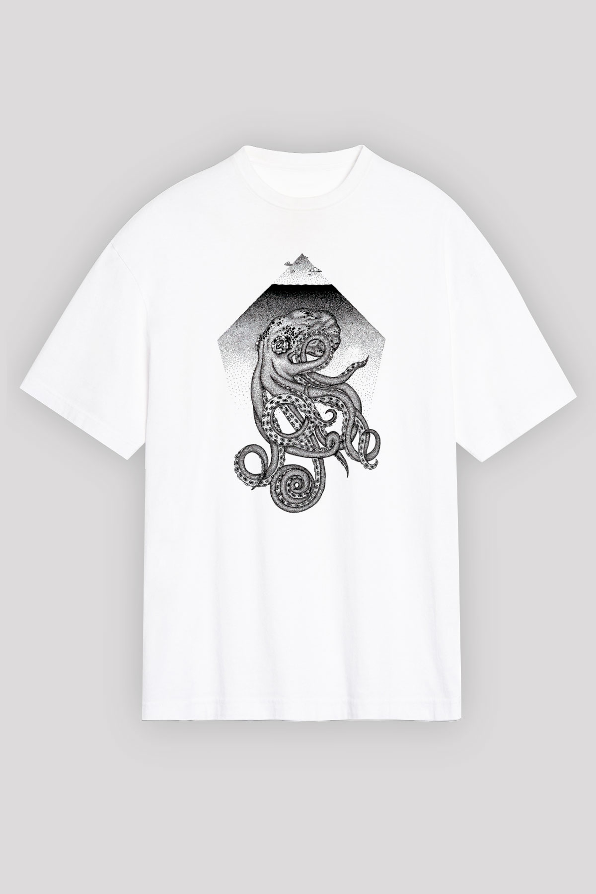 Ahtapot Baskılı Beyaz Unisex Oversize Tişört - Tshirt