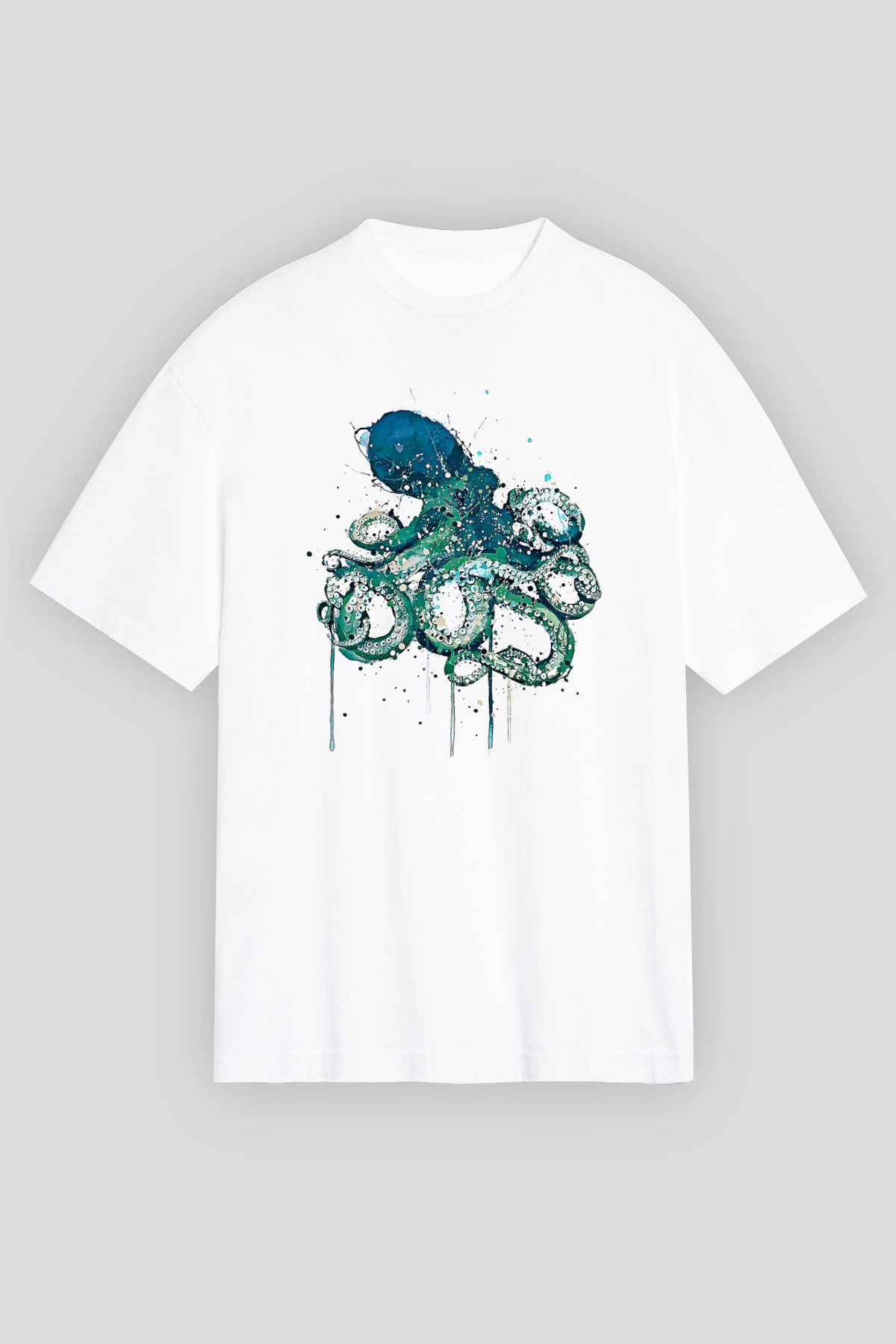 Ahtapot Baskılı Beyaz Unisex Oversize Tişört - Tshirt