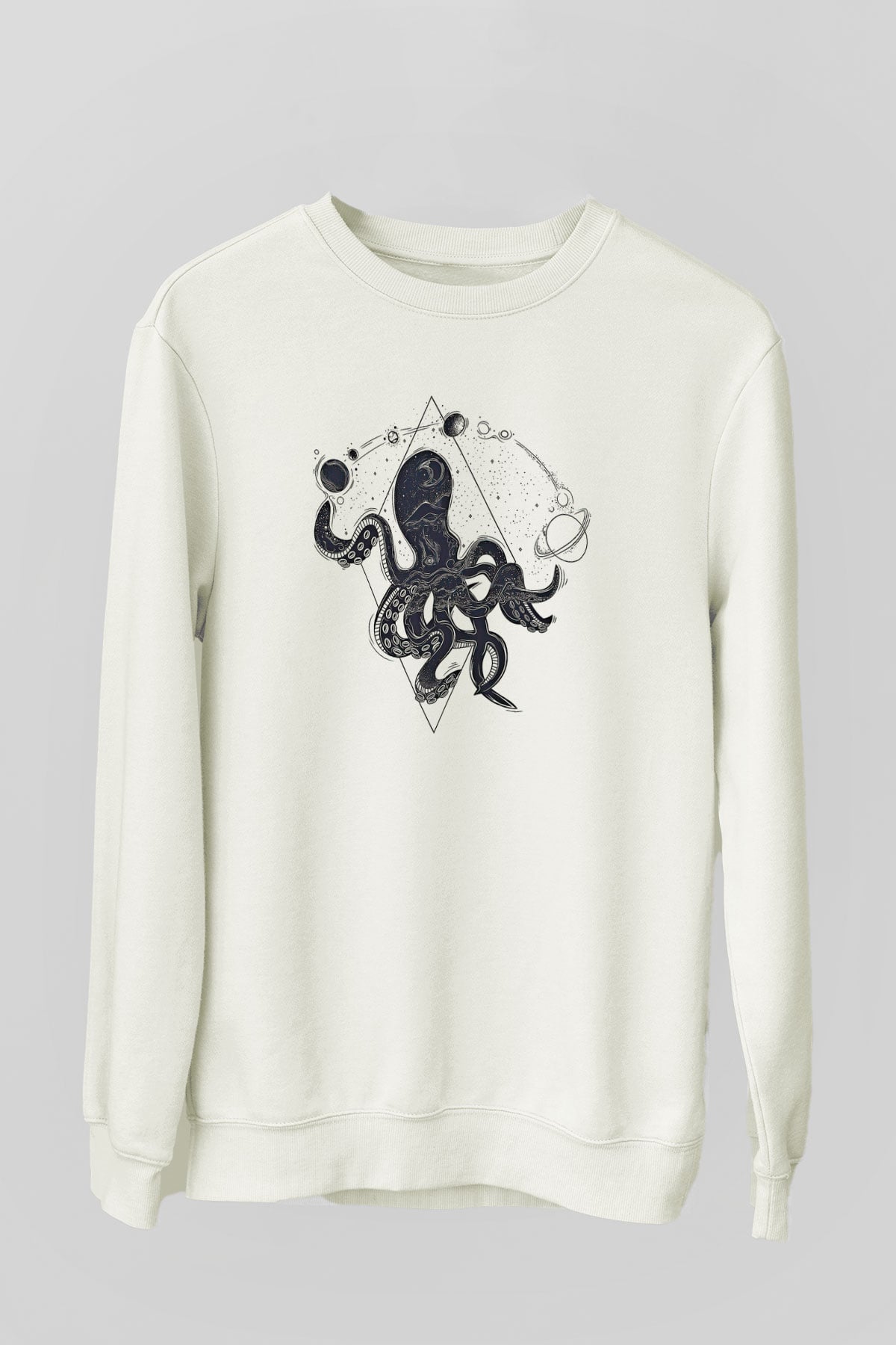 Ahtapot Baskılı Beyaz Unisex Sweatshirt