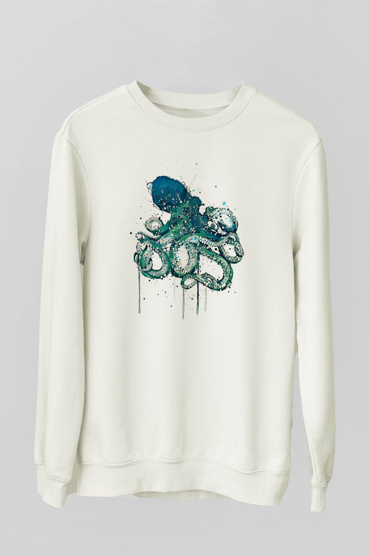 Ahtapot Baskılı Beyaz Unisex Sweatshirt