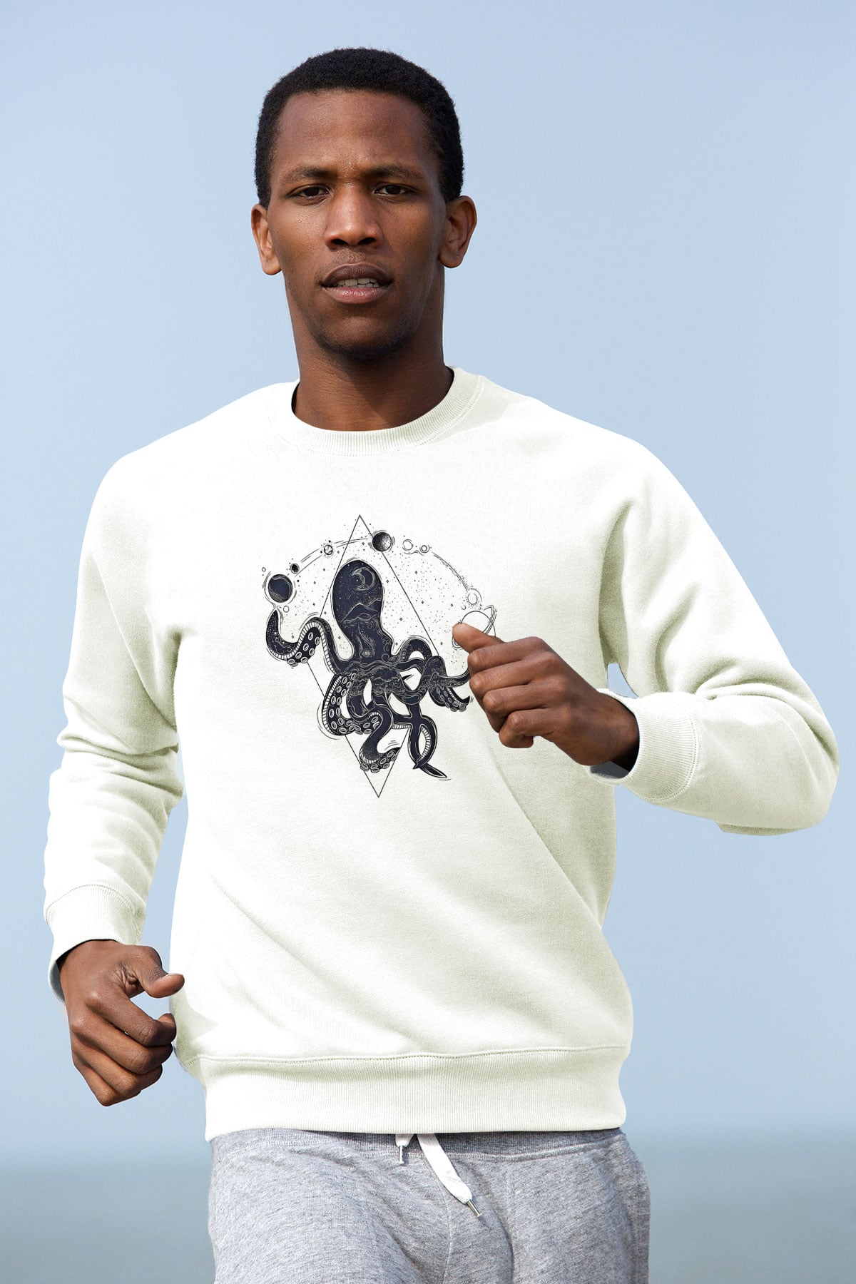 Ahtapot Baskılı Beyaz Unisex Sweatshirt
