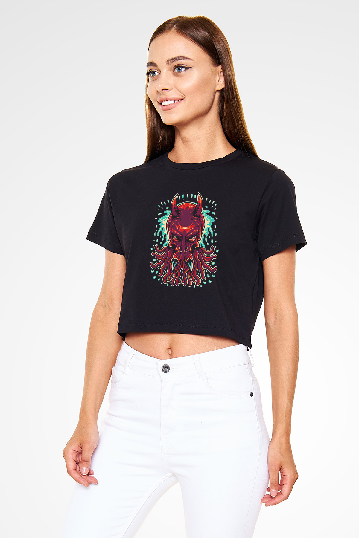 Ahtapot Baskılı Siyah Crop Top Kadın Tişört - Tshirt