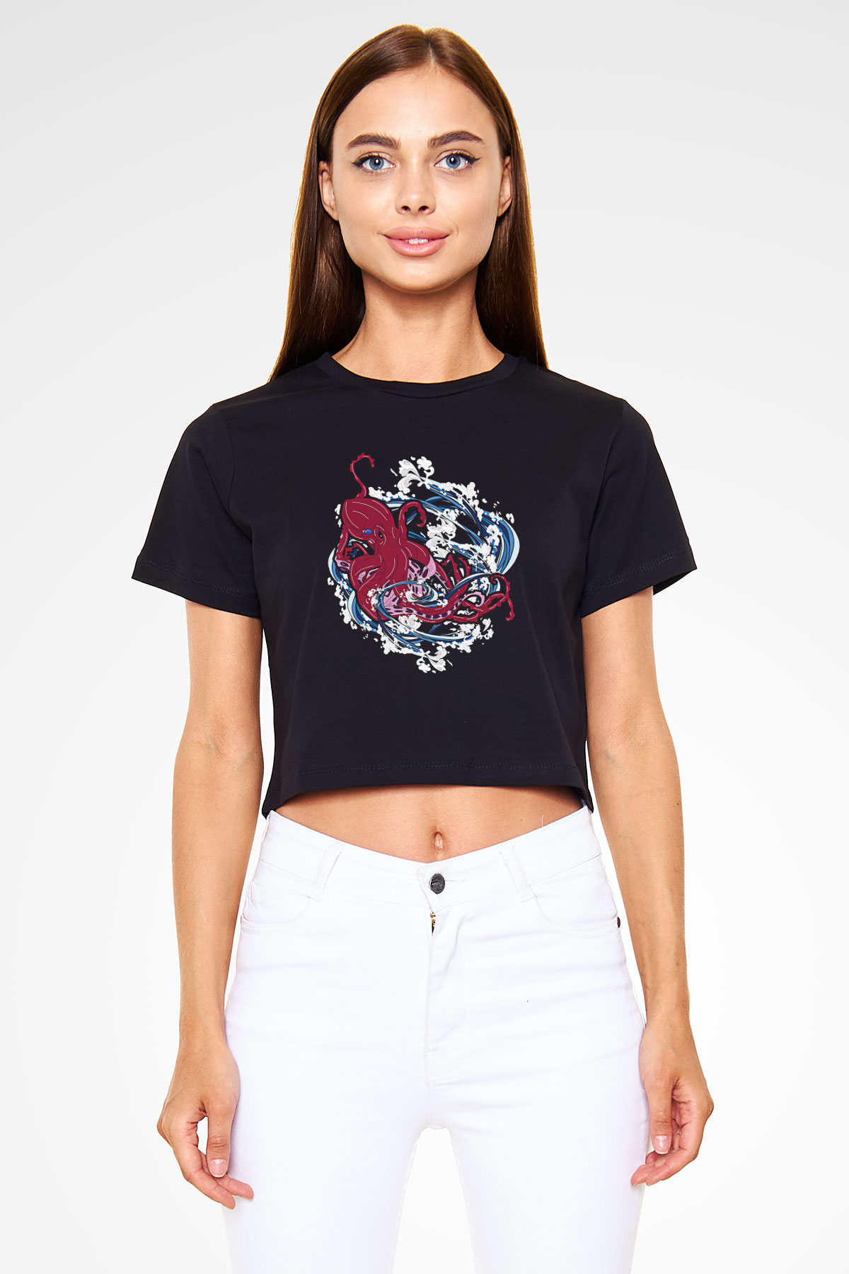 Ahtapot Baskılı Siyah Crop Top Kadın Tişört - Tshirt