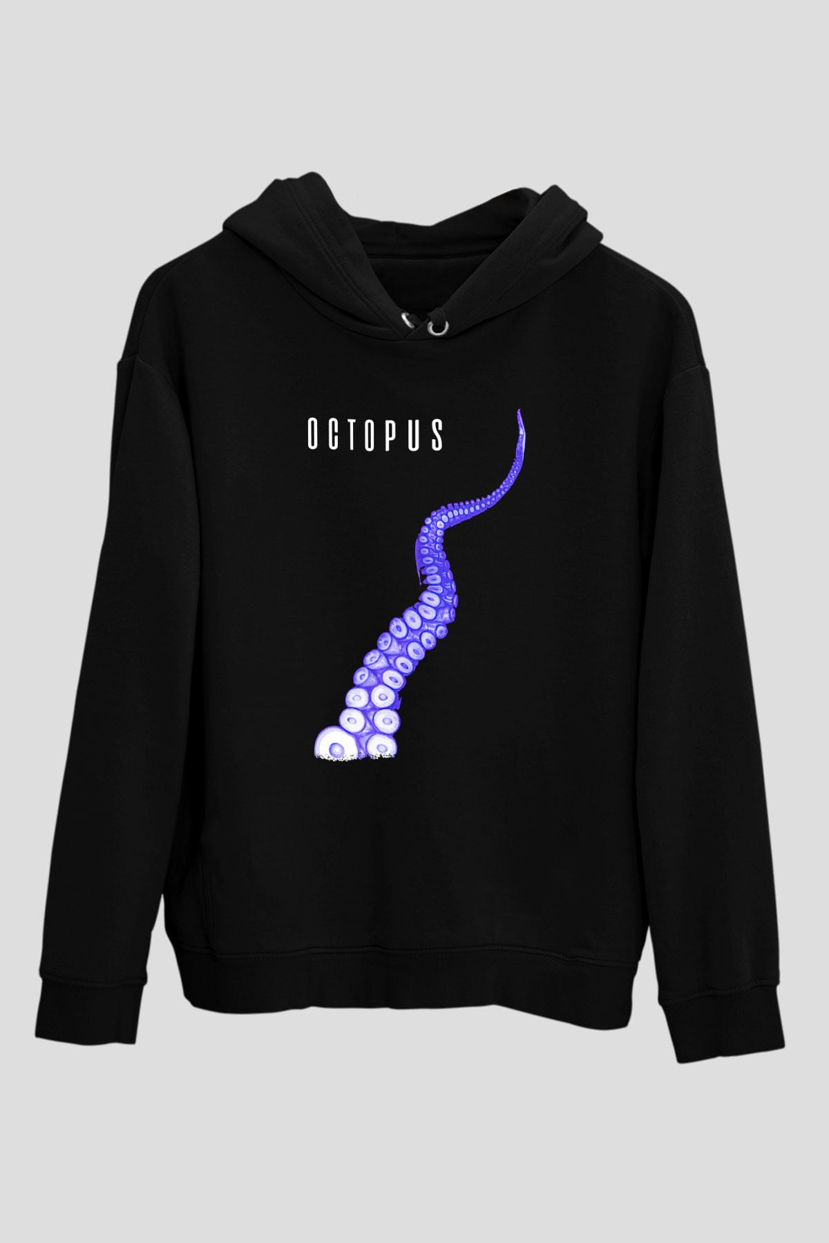 Ahtapot Baskılı Unisex Siyah Hoodie
