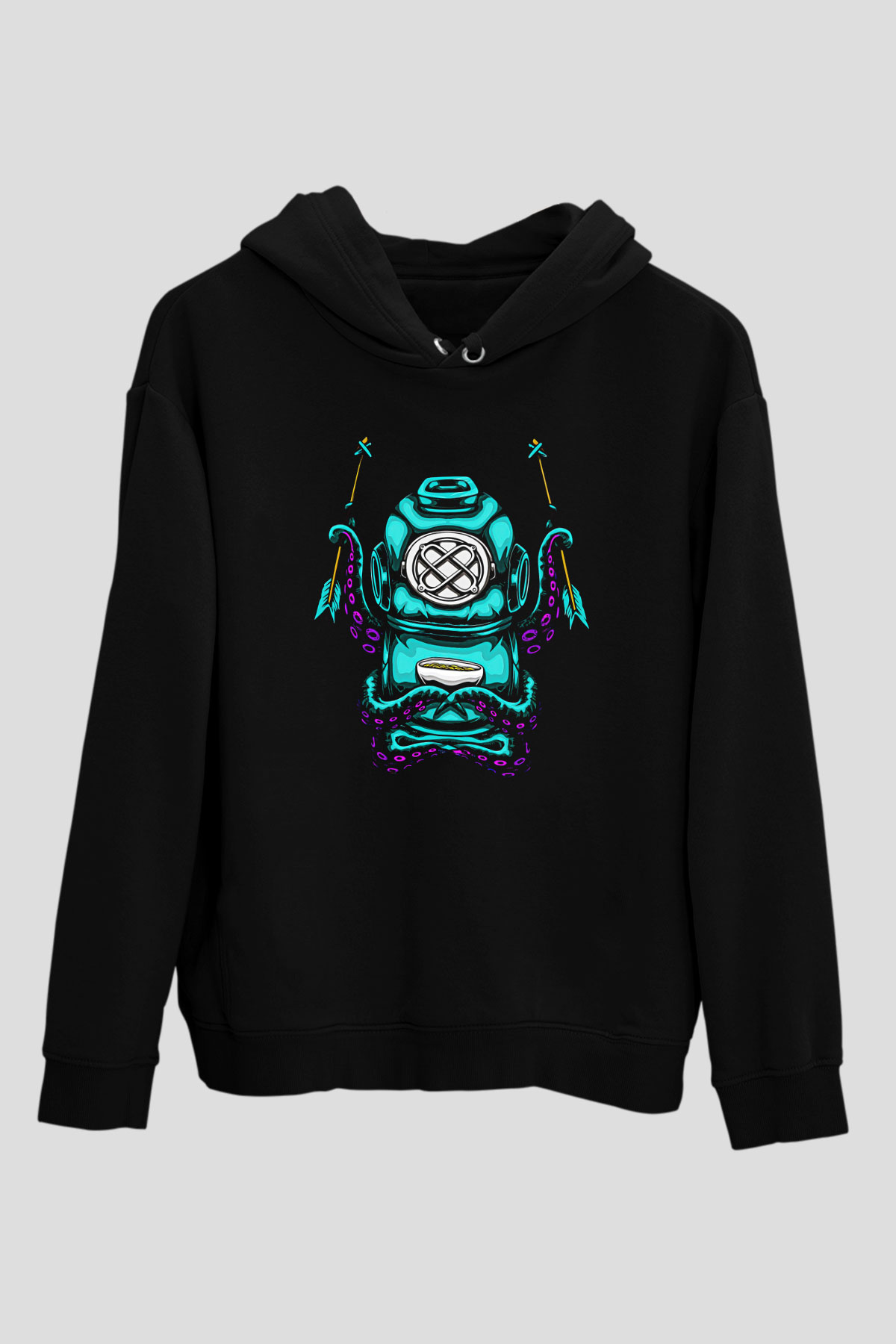Ahtapot Baskılı Unisex Siyah Hoodie